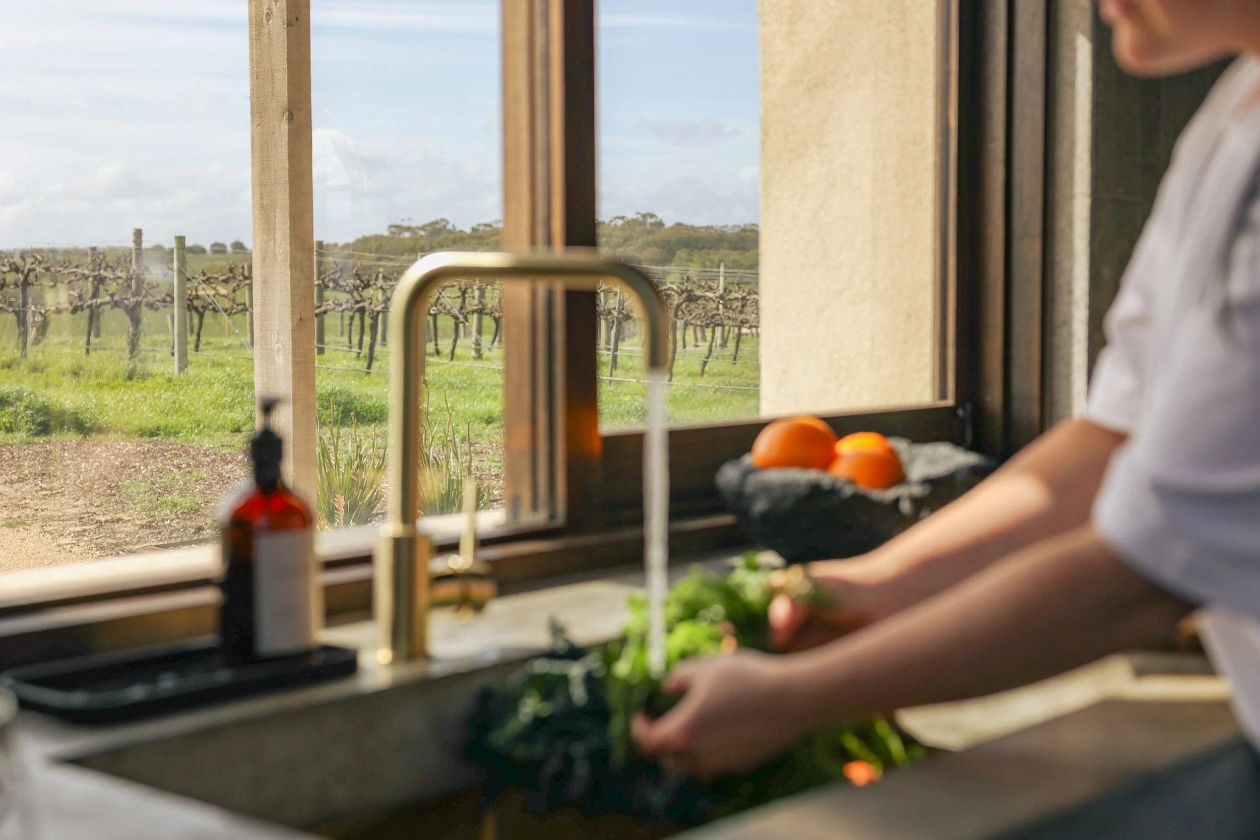 Person washing vegetables at kitchen sink with view of vineyard outside window.