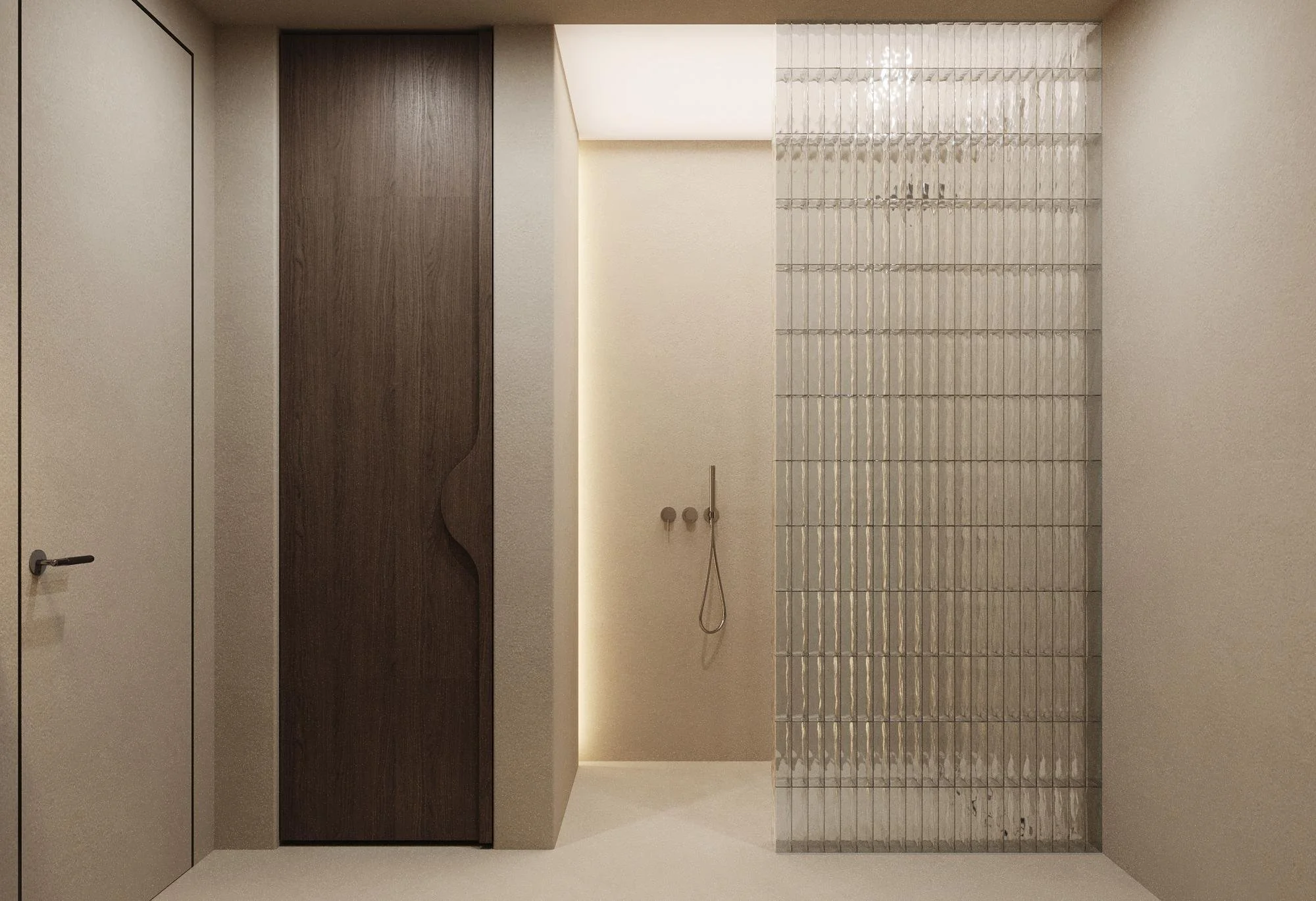 Shower area design visualisation with glass blocks and warm neutral finishes.