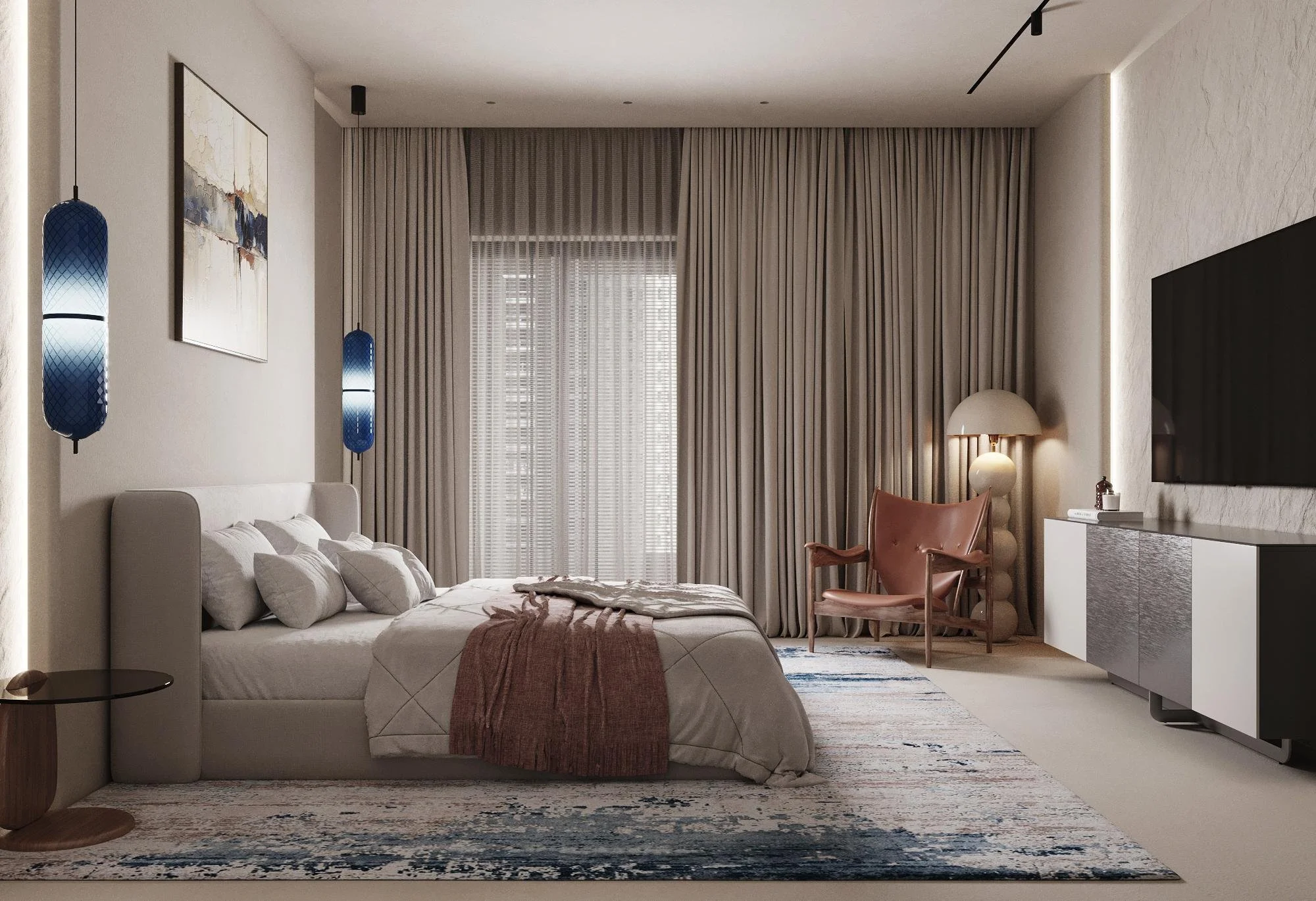 Bedroom design visualisation with layered neutral finishes and blue pendant lights.