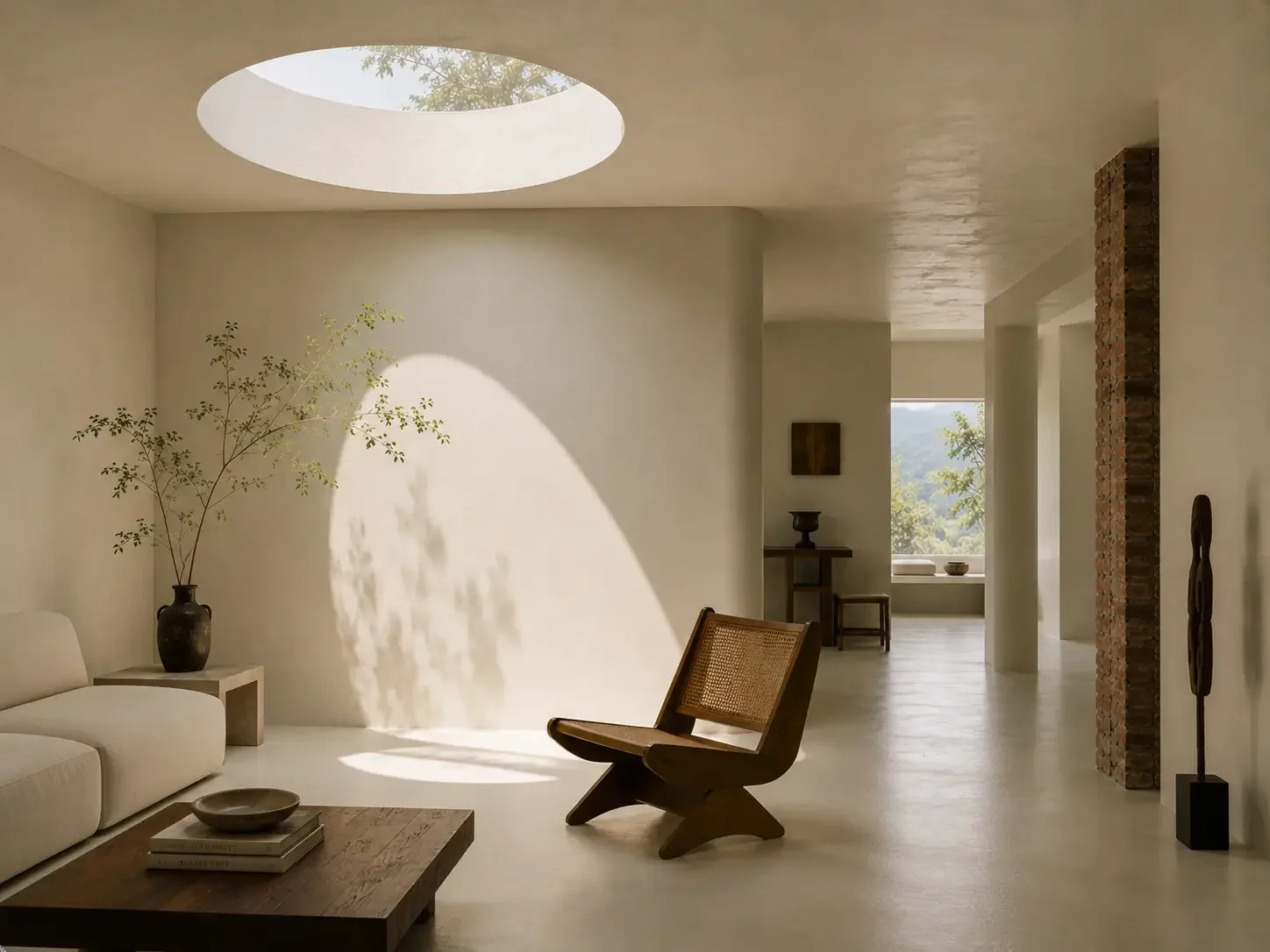 Light beige microcement ceiling and wall surfaces under a skylight in a China boutique hotel.