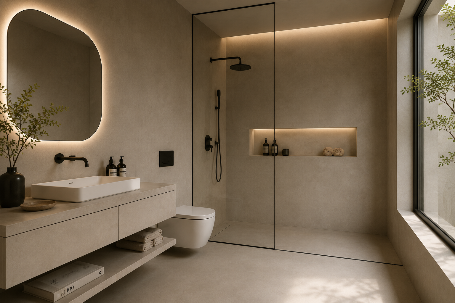 Light-toned bathroom with seamless wall and floor finishes, black fixtures and a glass shower enclosure.
