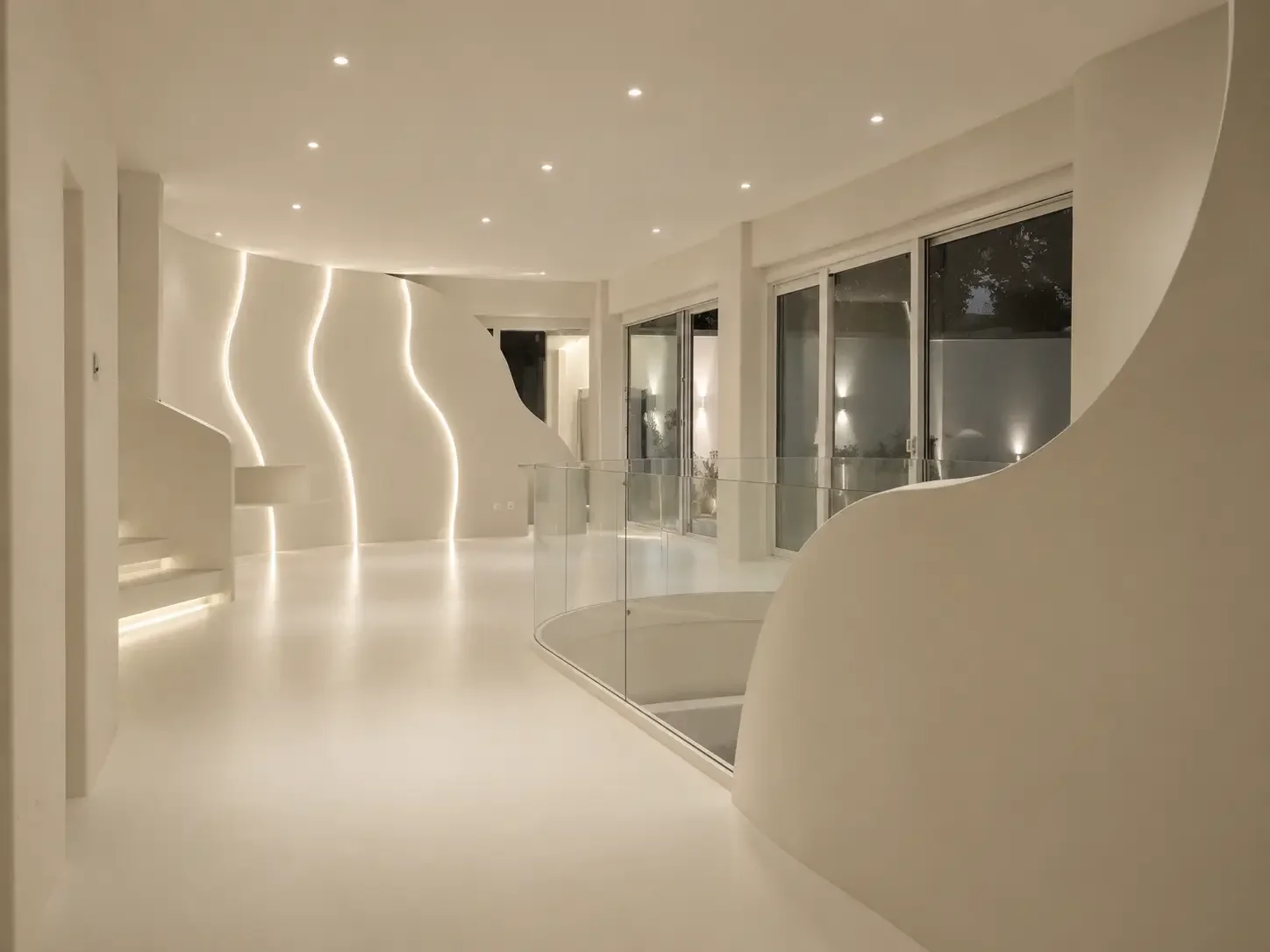 Open villa interior in China with seamless microcement floors, curved walls and integrated lighting.