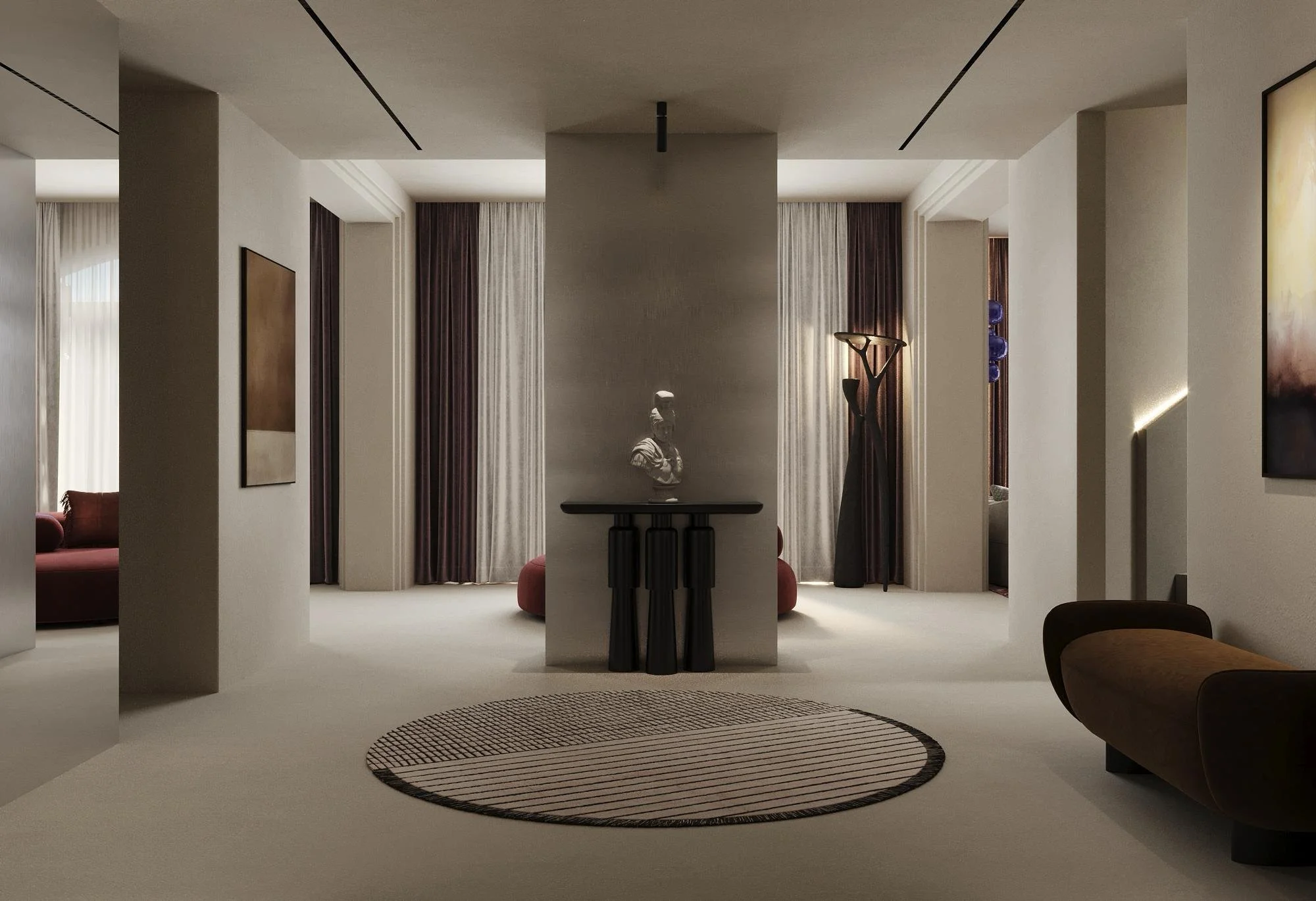 Entrance design visualisation with continuous neutral flooring and a central display console.