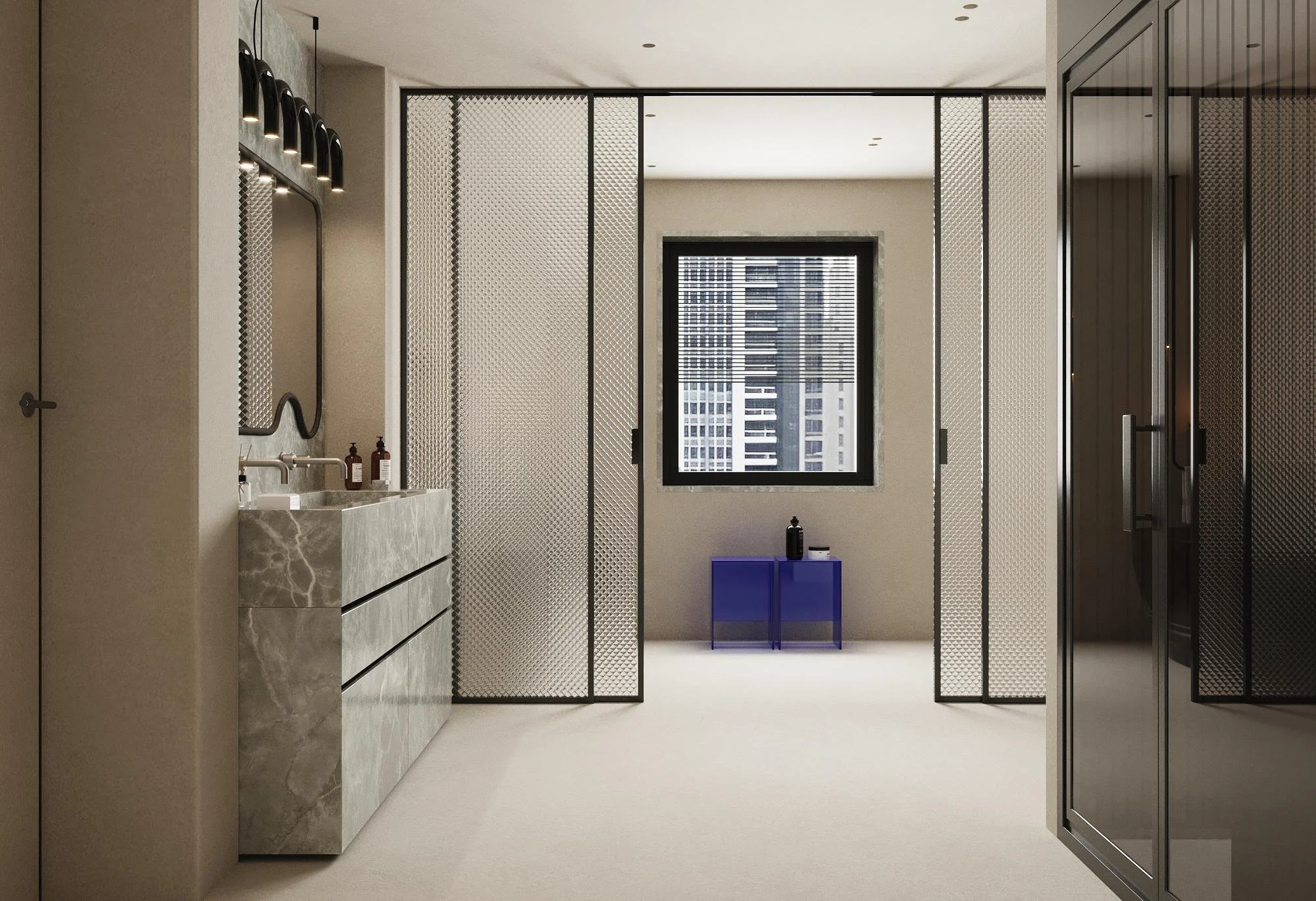 Main bathroom design visualisation with a stone vanity and glazed partitions.