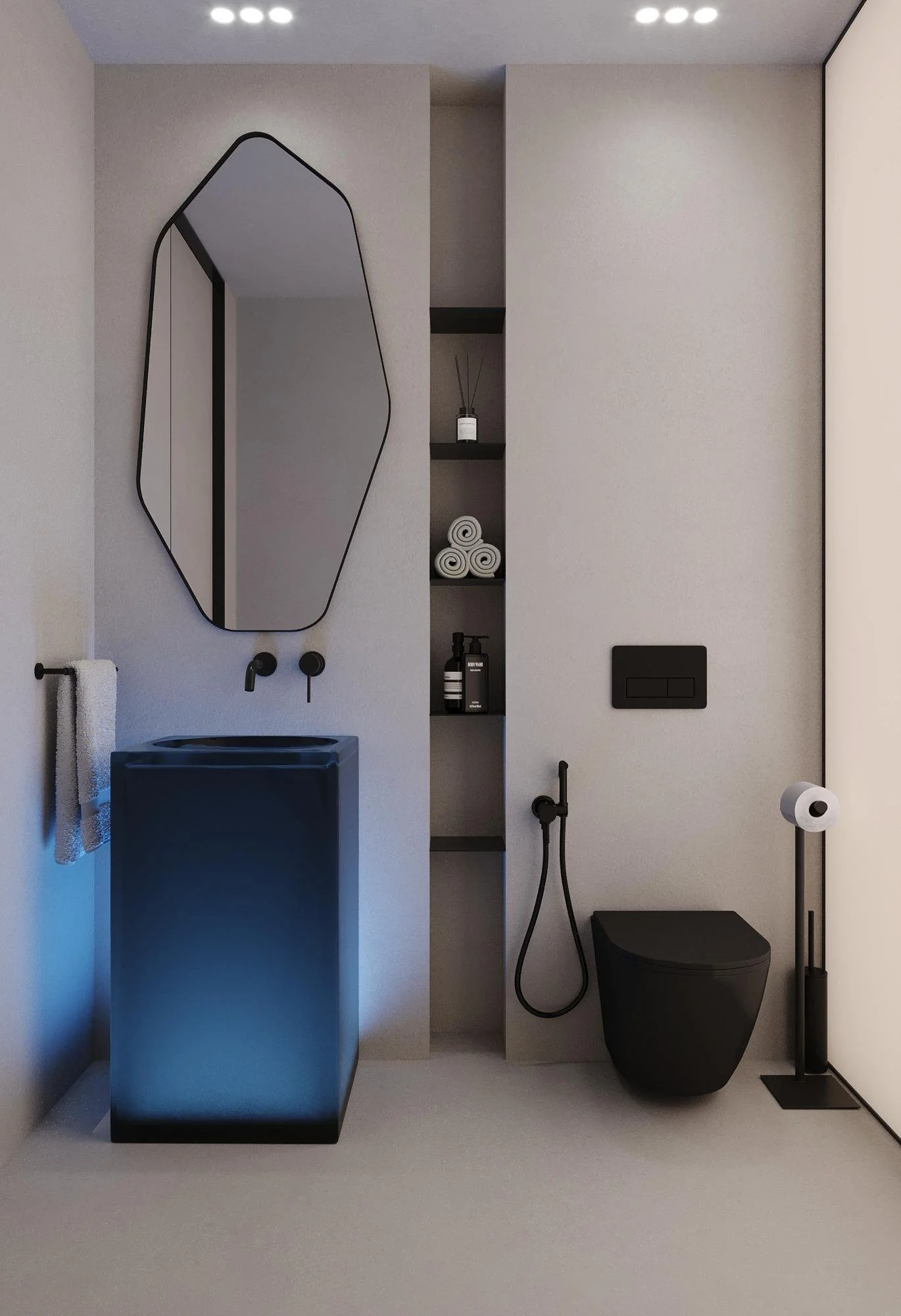 Powder room design visualisation with a blue pedestal basin.