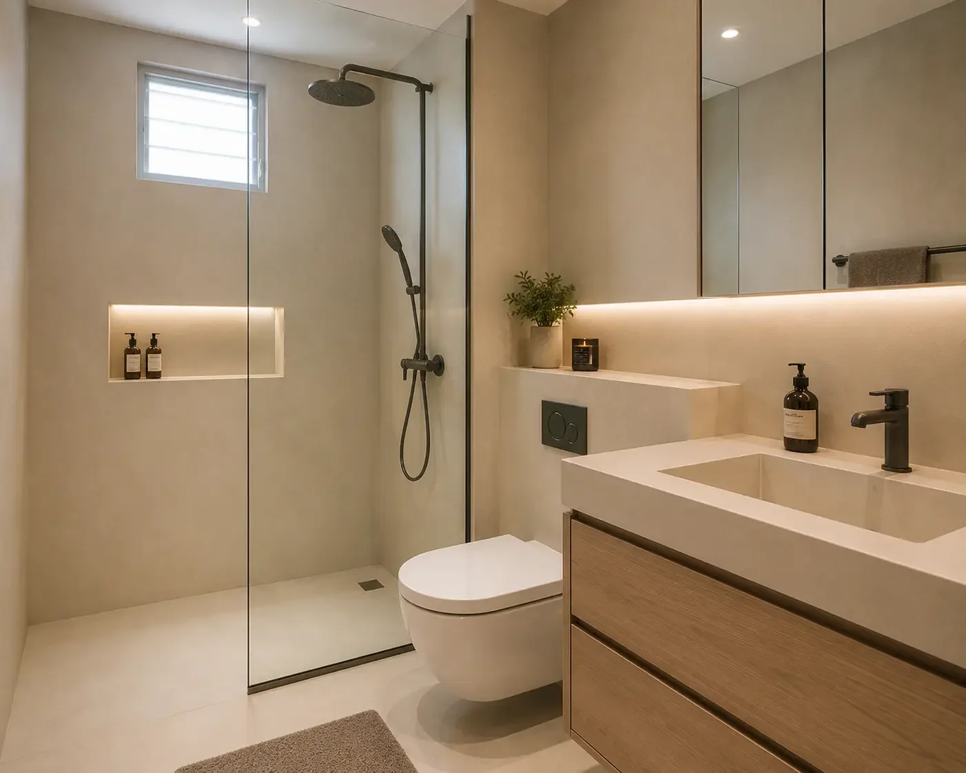 2 HDB bathrooms / warm beige microcement / seamless wall and floor / clean Japandi / matte finish / realistic Singapore apartment / practical home bathroom / not luxury hotel / not too grey
