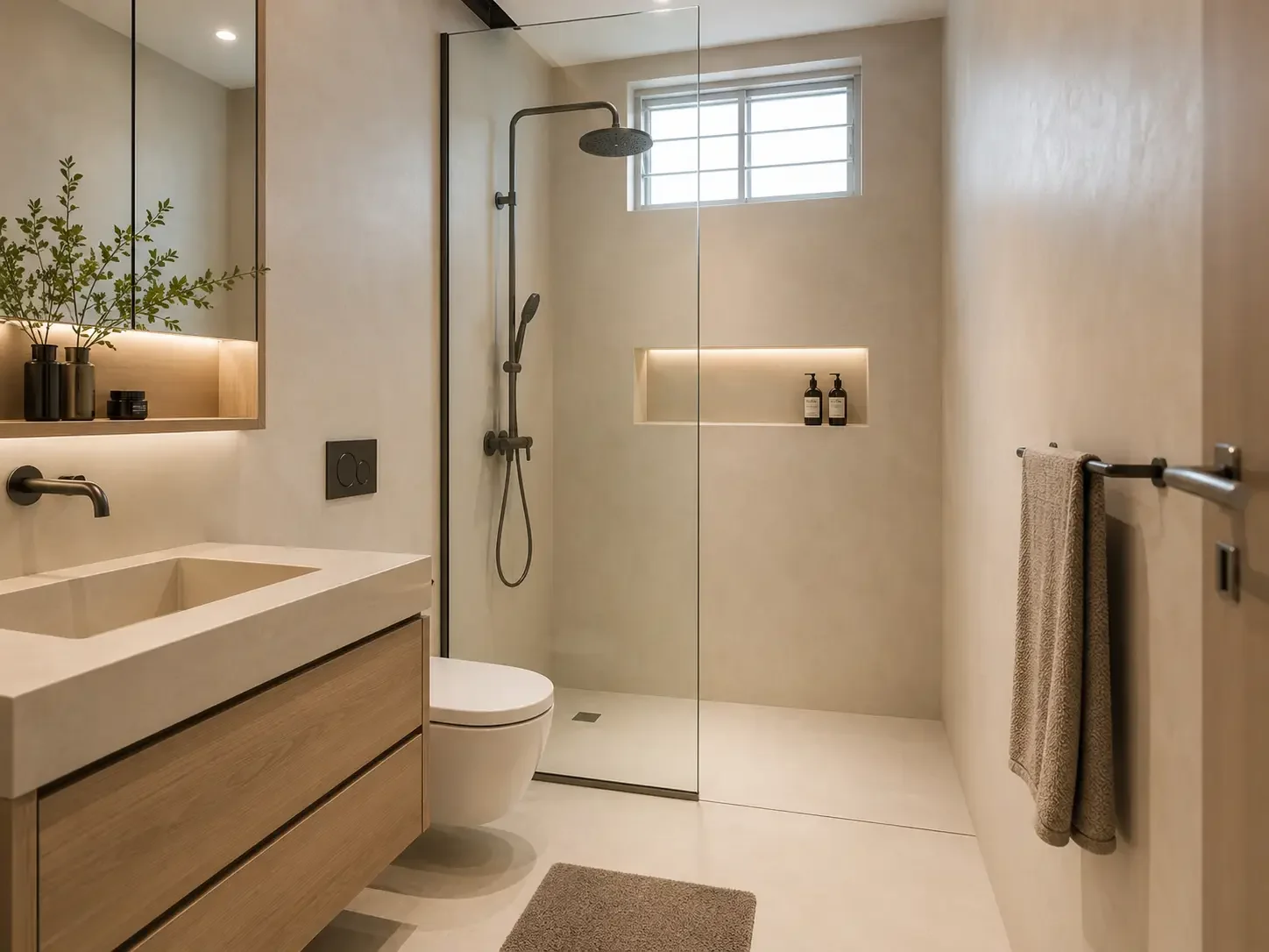 HDB / condo bathroom, bathtub converted to shower, warm beige microcement wall and floor, practical Singapore home, matte finish, simple glass screen, not luxury hotel, not too grey