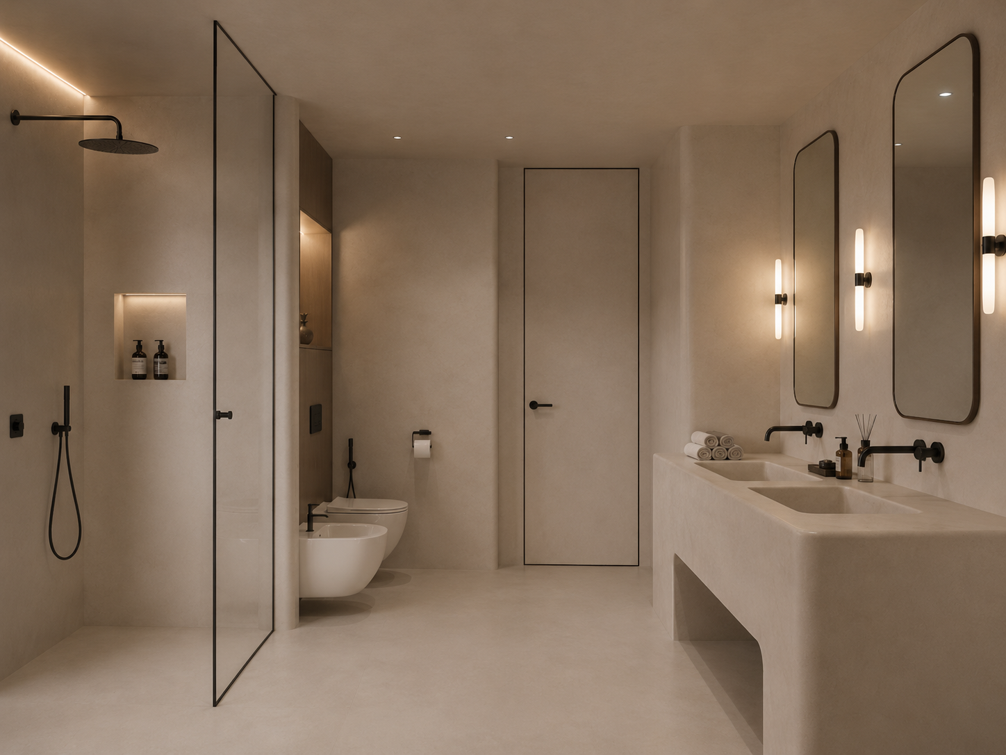 Bathroom vanity and shower area in a Dubai villa with warm neutral microcement-style walls.