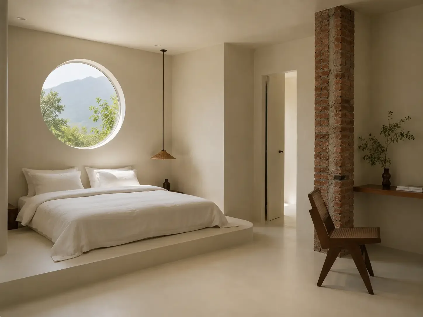Minimal boutique hotel bedroom in China with light microcement wall and floor finishes.