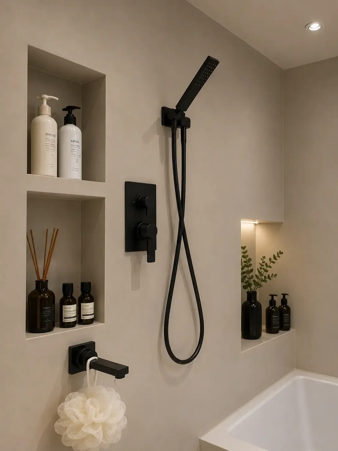 Microcement shower wall detail with recessed niche and black fittings in a Singapore bathroom.