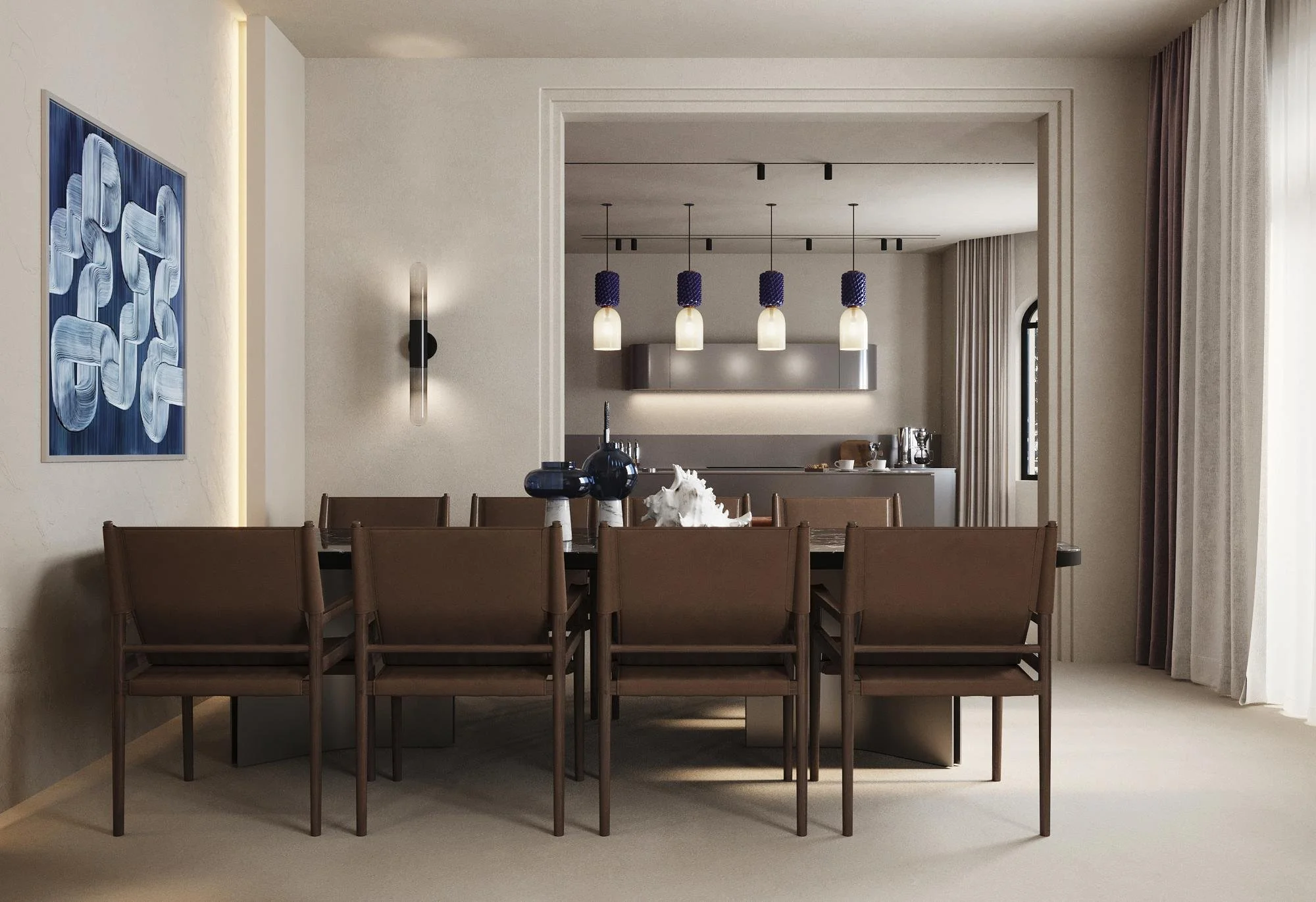 Dining area design visualisation with warm tones and contrasting furniture.