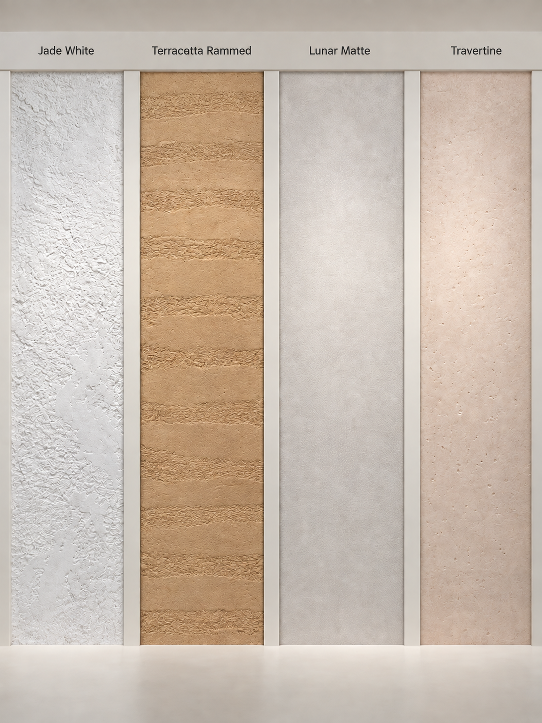 Four Semiforêt finish samples showing white, ochre, light grey and pale pink surfaces with contrasting textures.