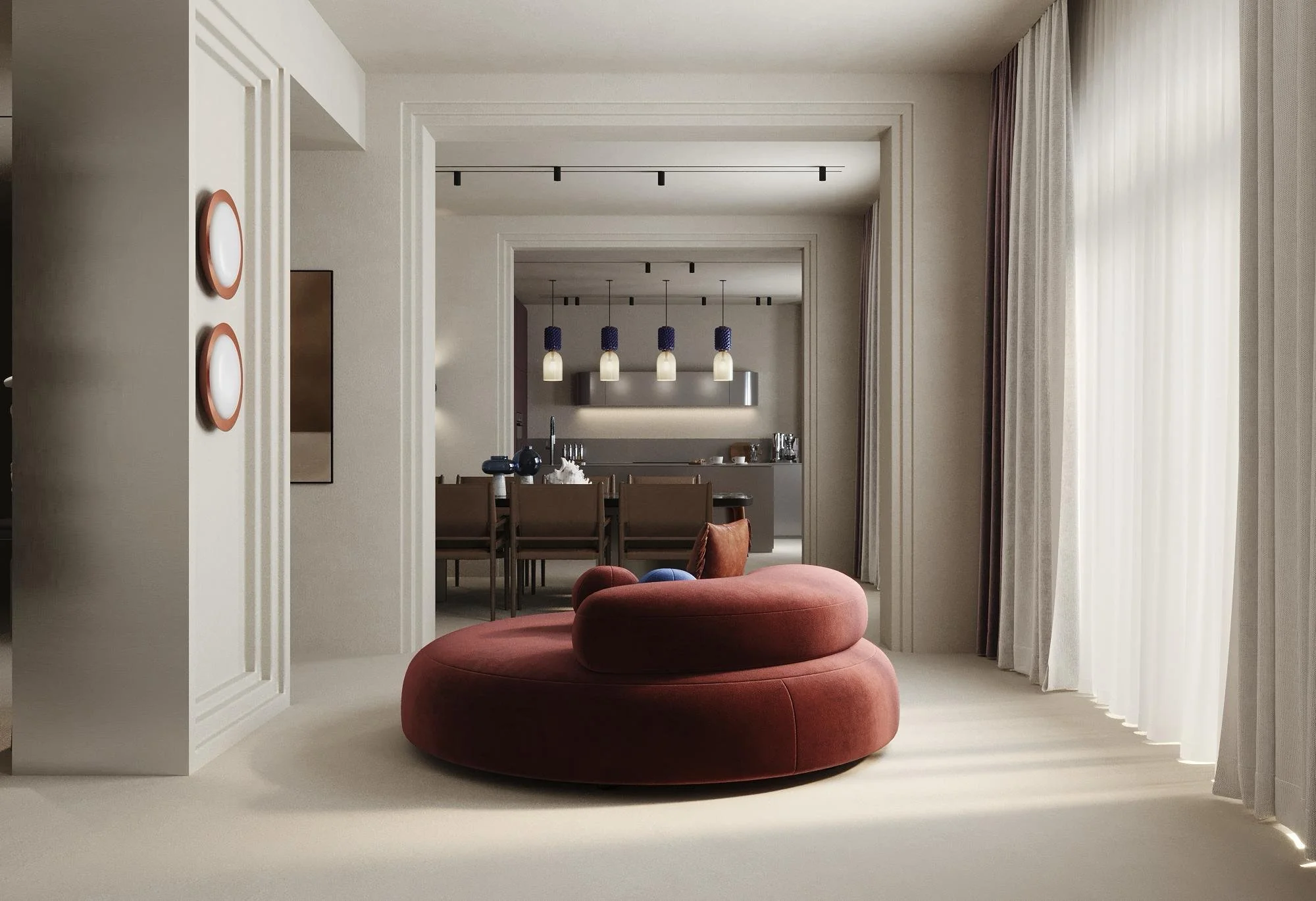 Living area design visualisation with warm neutral finishes and sculptural furniture.