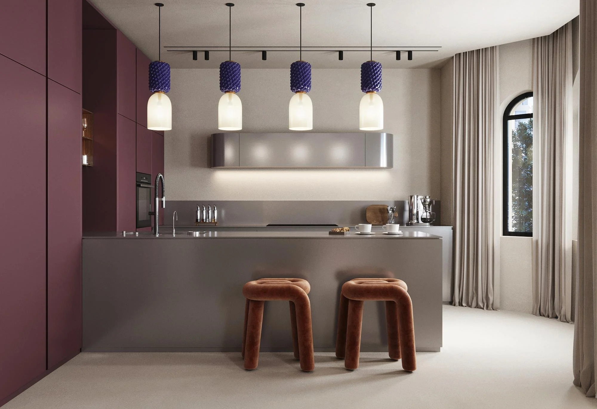 Kitchen design visualisation with a central island and deep-coloured cabinetry.