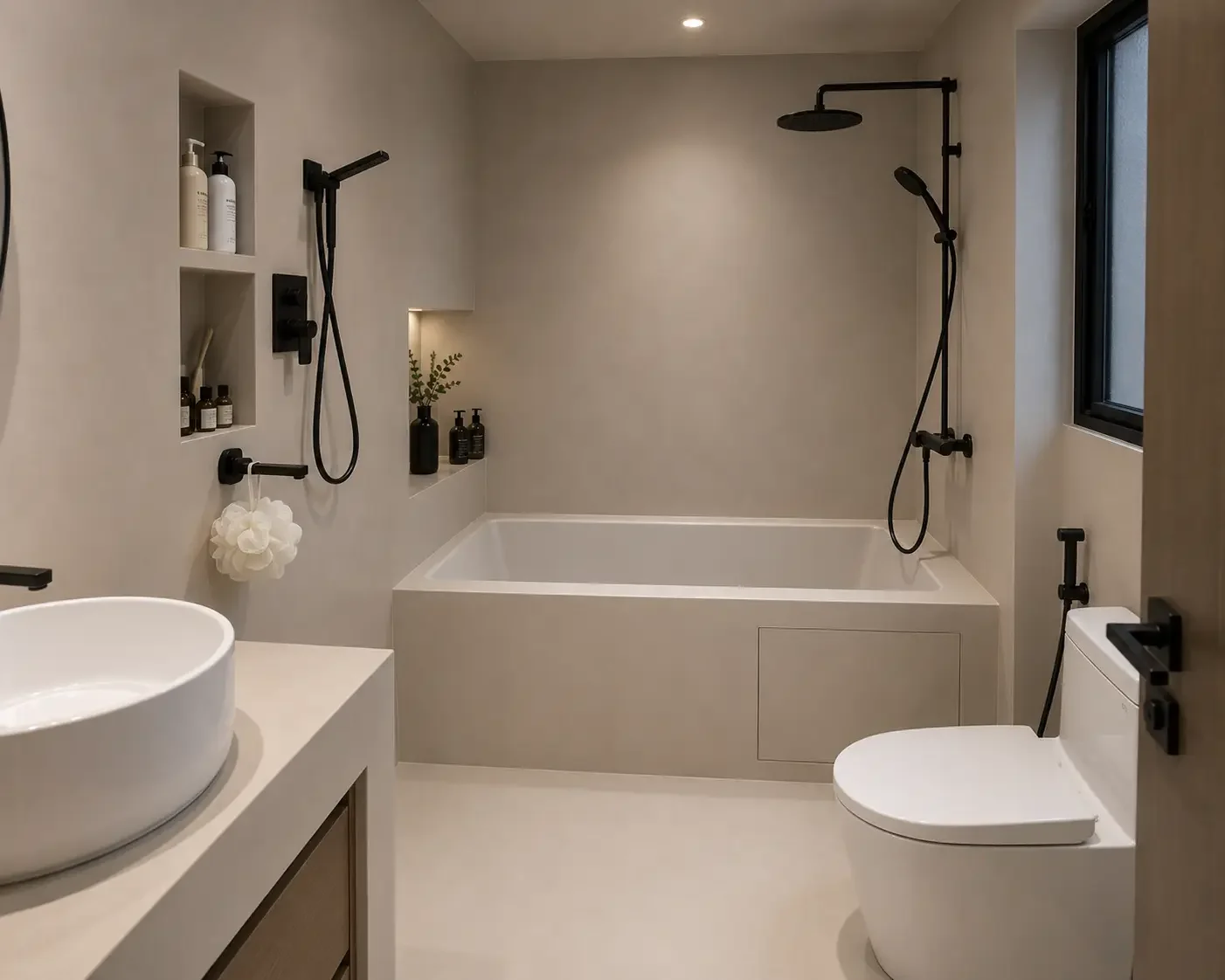 Compact Singapore bathroom with microcement walls, bathtub, black shower fittings and toilet.