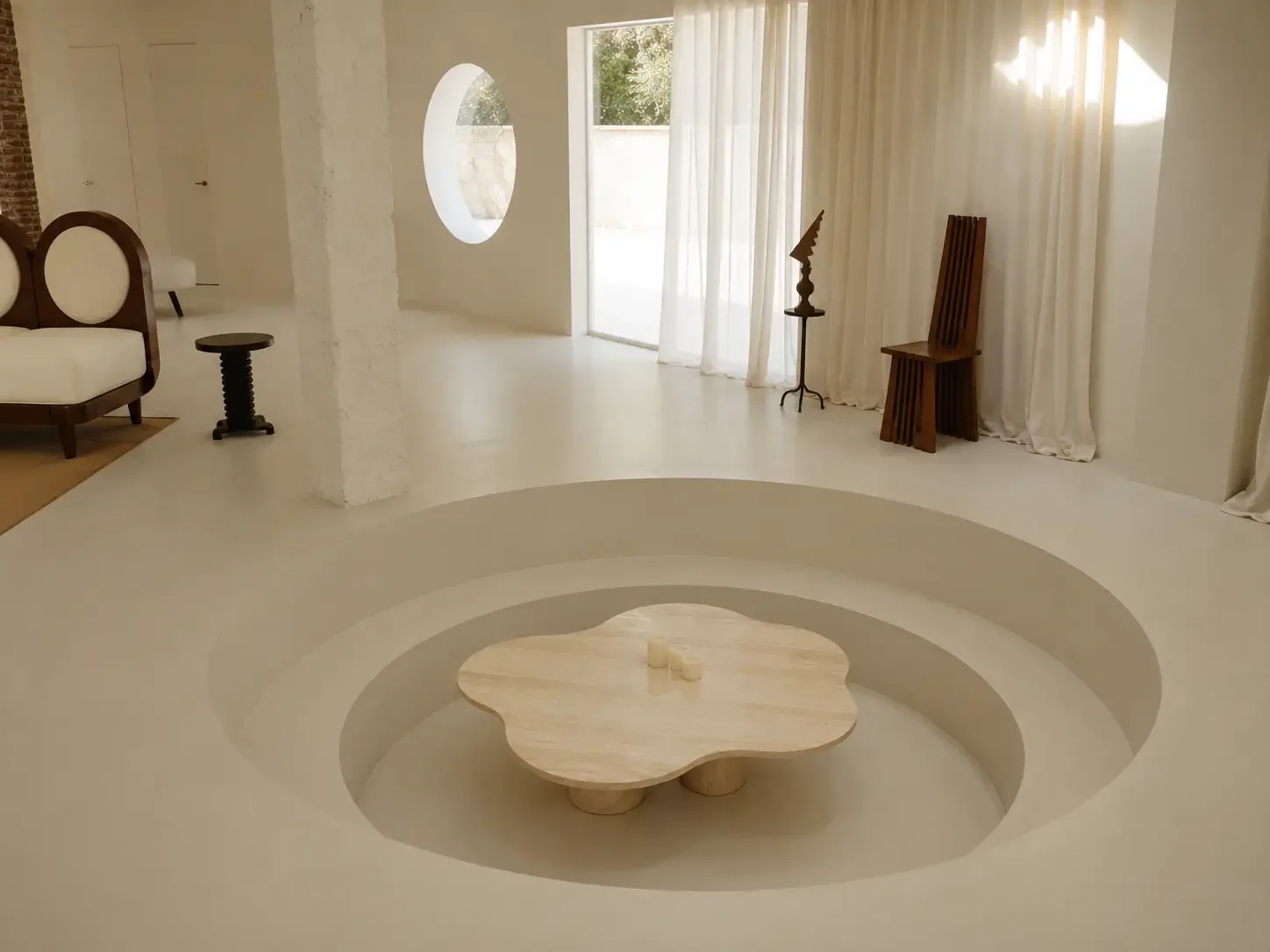 Sunken lounge area with light beige microcement floor and wall surfaces in a China boutique hotel.