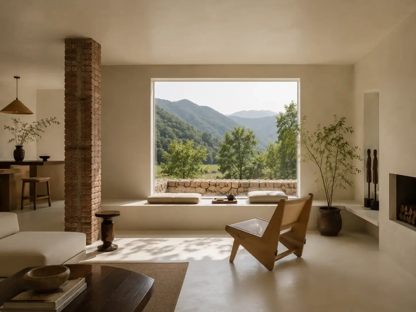 Microcement hotel interior in China with framed mountain view and soft natural light.