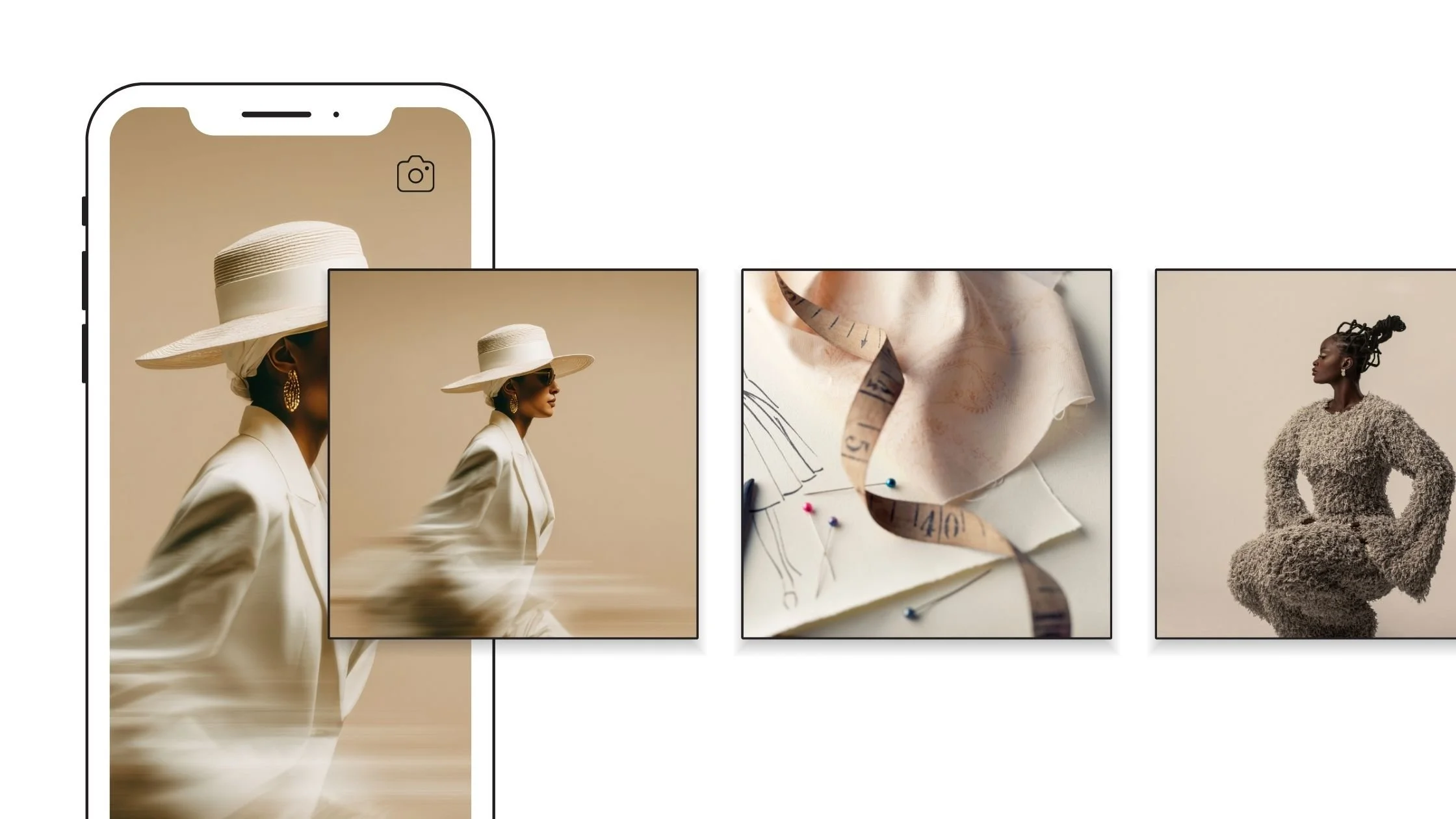 A neutral tone fashion image with social media icons and concepts