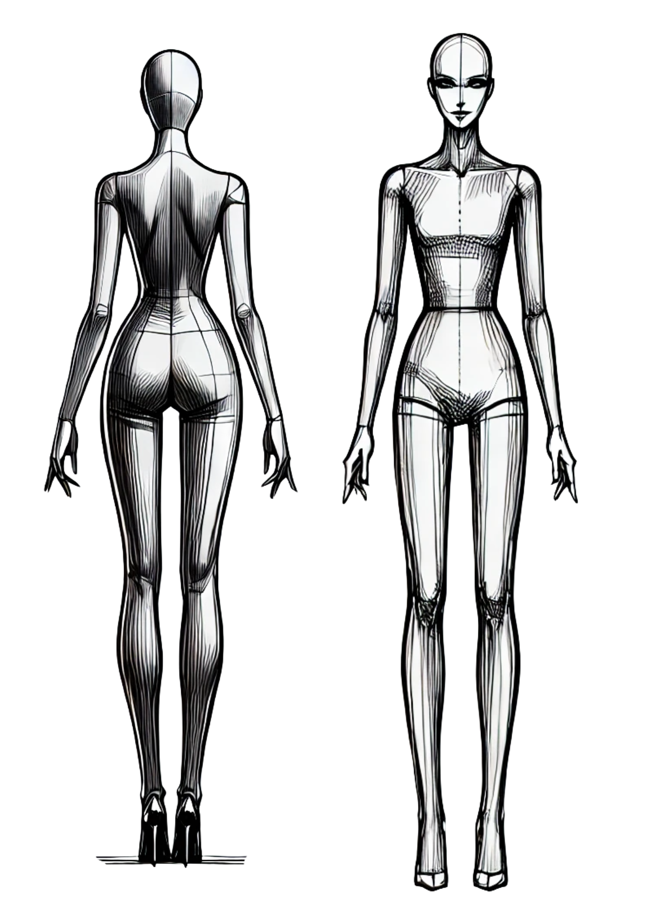 Front and back views of a fashion illustration of a female mannequin with a slim physique, featuring detailed linework of the body and facial features.