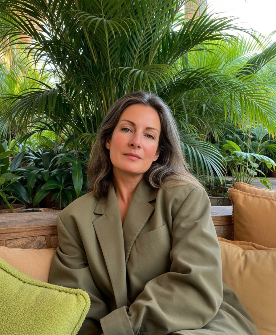 A woman with shoulder-length brown hair sitting on a sofa with green and beige pillows, surrounded by large green tropical plants in the background.