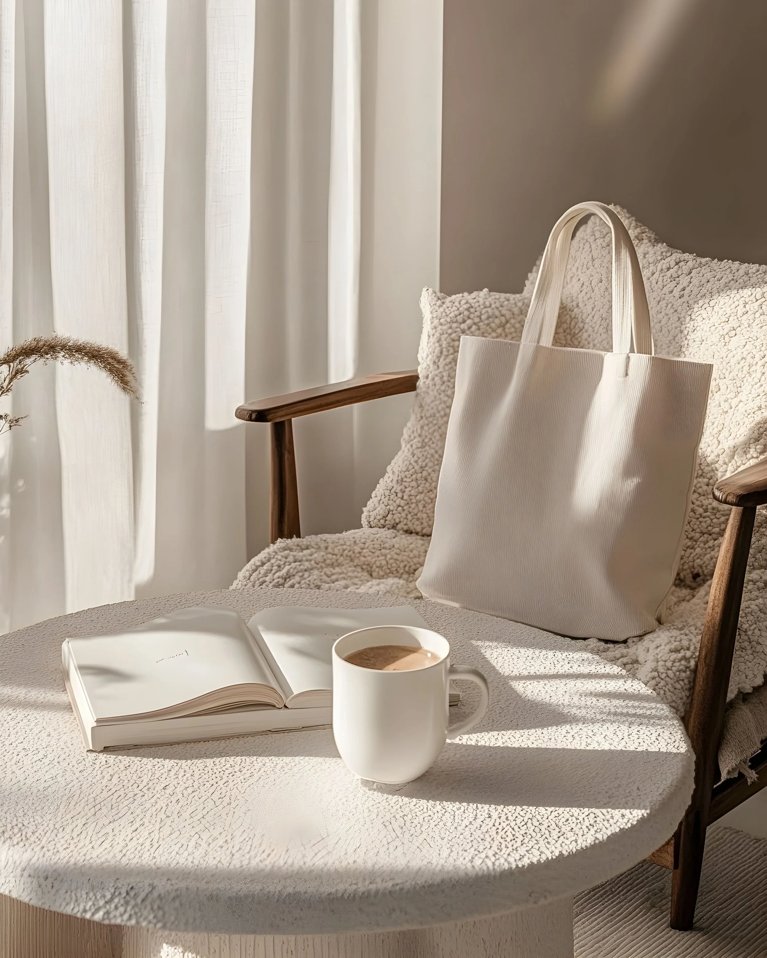 A cozy sitting area with a wooden armchair covered with a textured blanket, a large white tote bag hanging on the armrest, an open book, and a mug of coffee on a round textured table, bathed in natural light from nearby curtains.