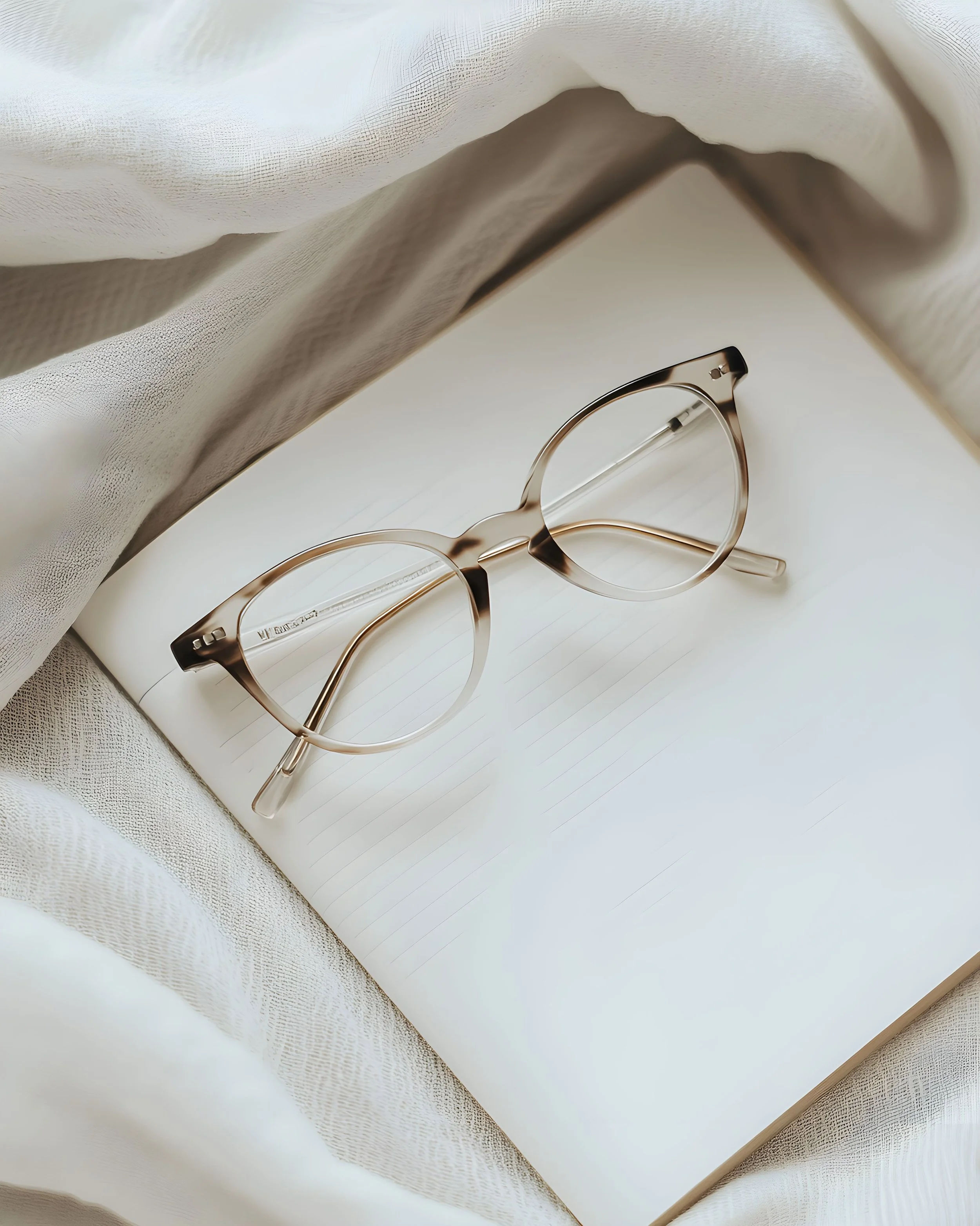 A pair of eyeglasses resting on an open lined notebook, with soft fabric in the background.
