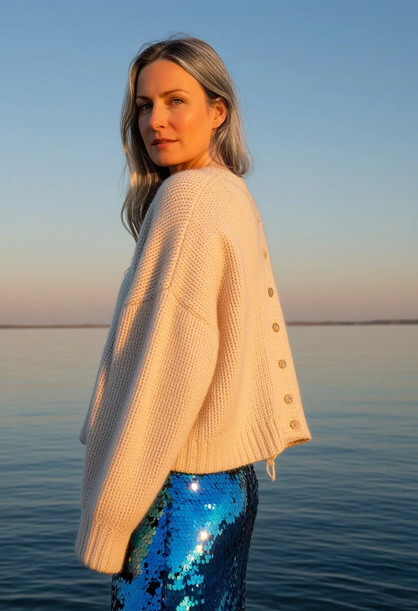 Woman with blonde hair wearing a cream sweater and blue sequin skirt standing near a body of water at sunset.