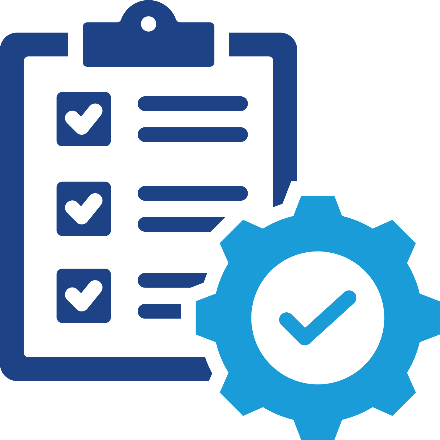 Icon of a clipboard with a checklist and a gear with a checkmark, representing task management or process optimization.