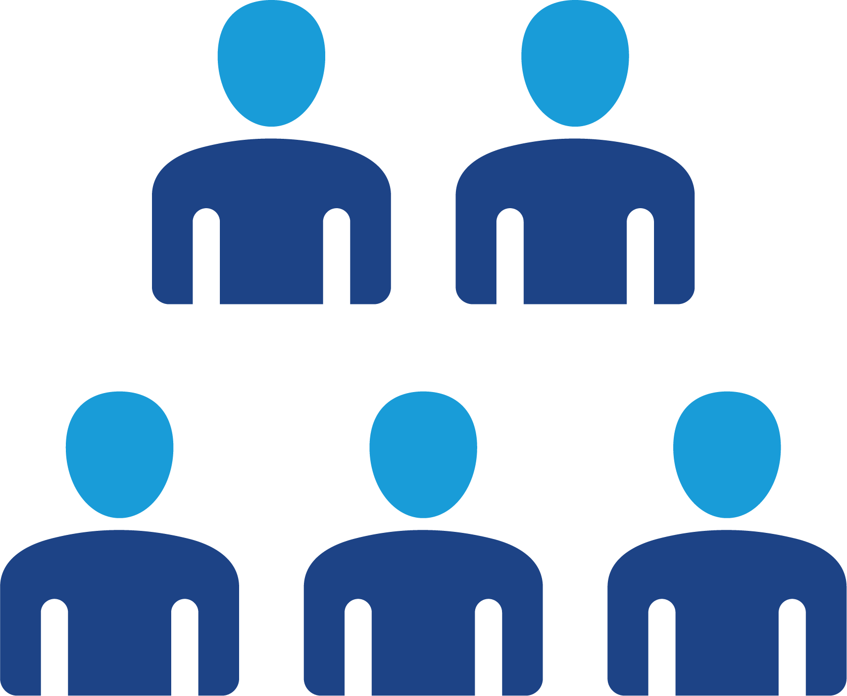 An icon of two rows of three stylized human figures, with blue heads and dark blue bodies, representing a group of six people.