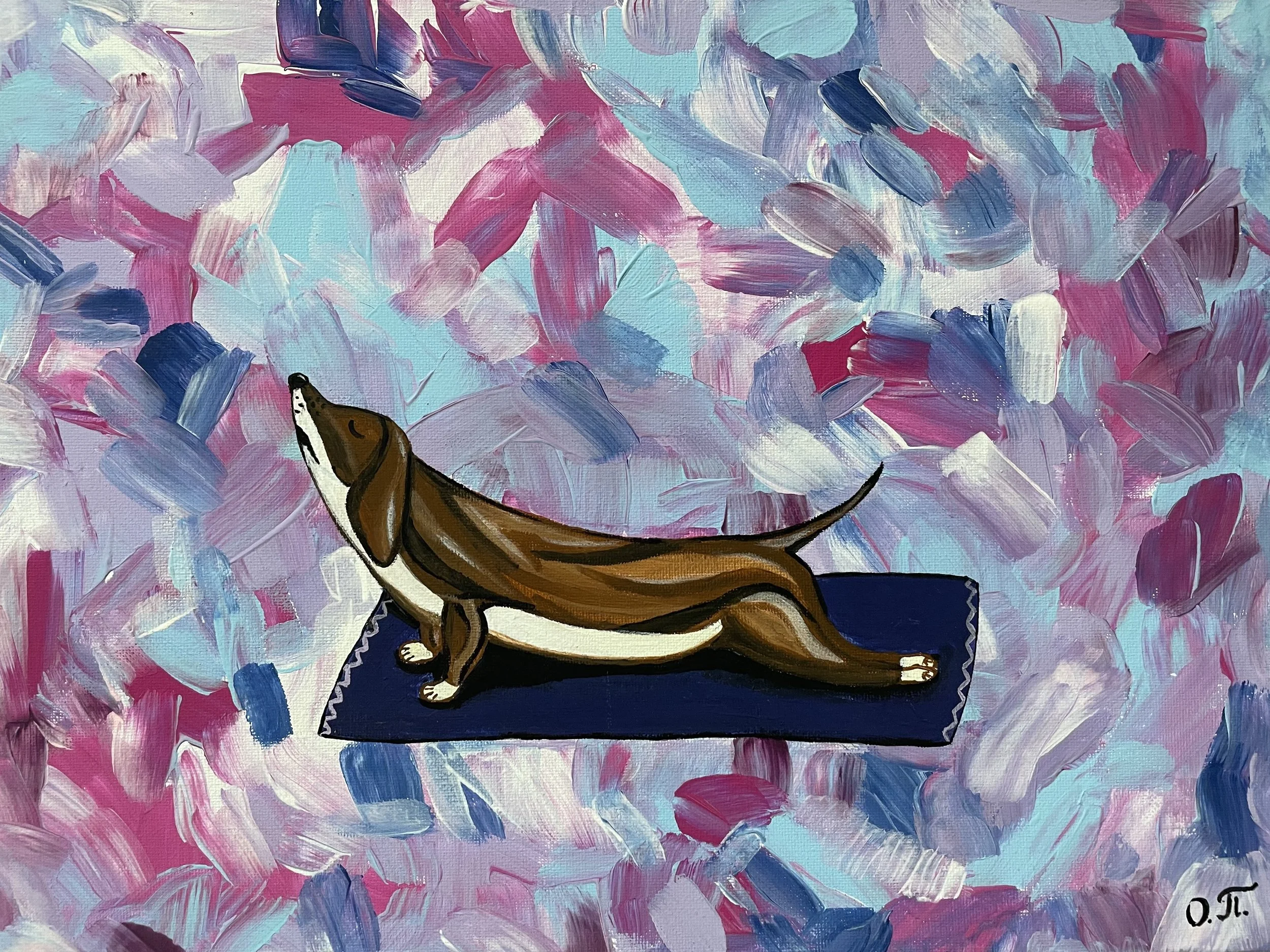  Yoga Dog (2021)   
30 x 40 cm, Acrylic on Canvas . For sale.
Exhibiting at Art Expo International in Graz.