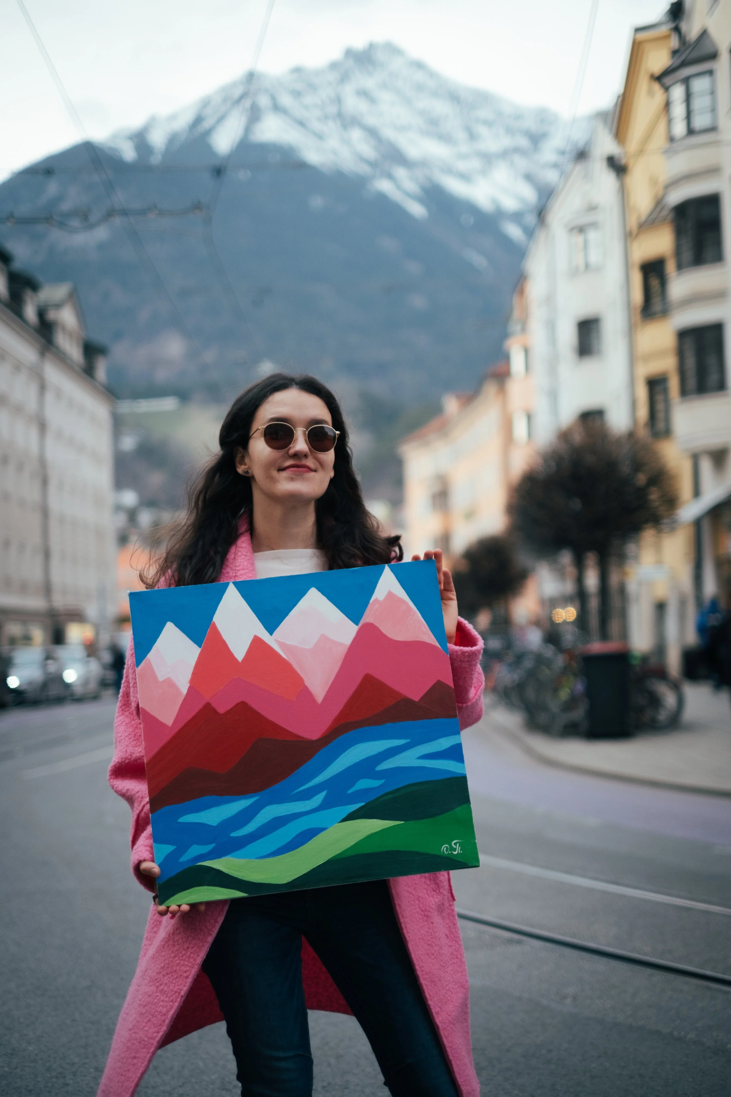 My vision of the Alps.  This painting, "Pink Mountains," is inspired by those unforgettable pink sunsets I used to watch in Innsbruck. I wanted to capture the warmth and magic of the mountains using bold colors and simple shapes.