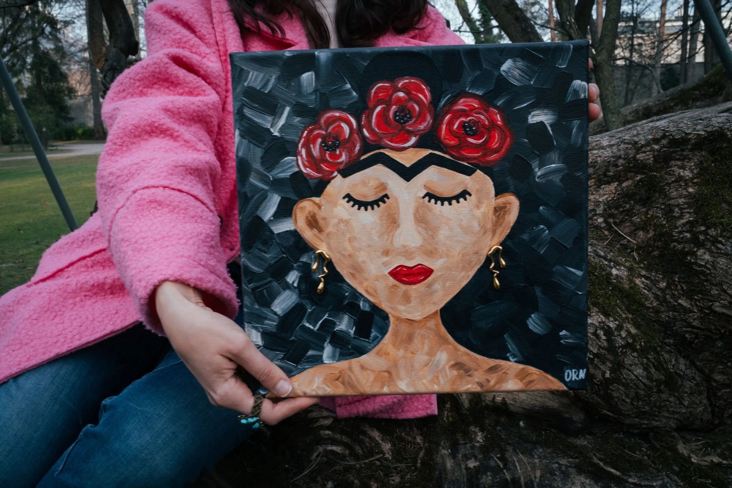 A study in dramatic contrast. The vibrant red of the poppy flowers and the lips creates a powerful, emotional focal point against the dark, textured brushwork of the background, symbolizing inner strength and passion.
