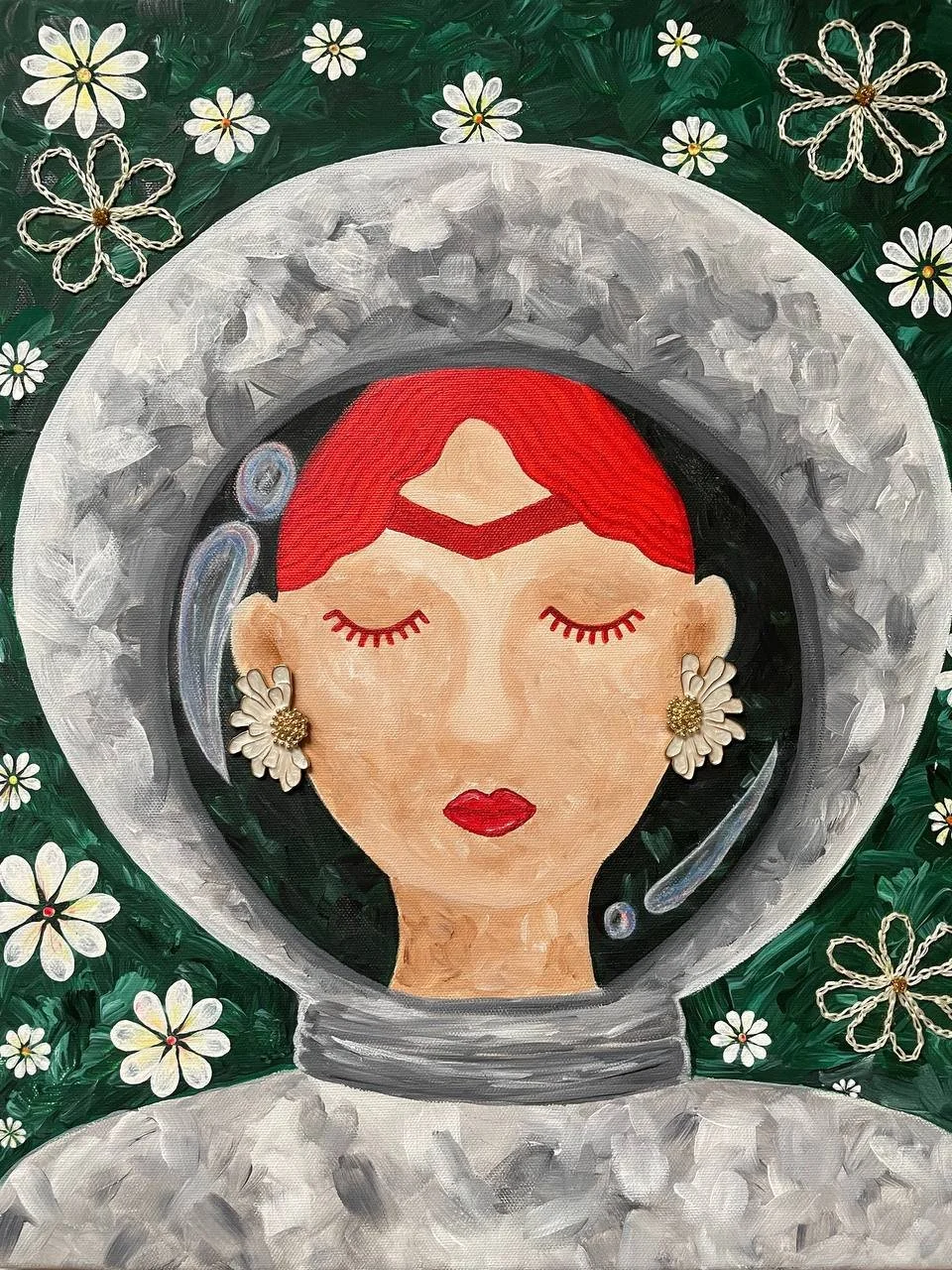   Space Frida (2026)   
 50 x 40 cm,  Acrylic and Hand Embroidery. For Sale.
Exhibiting at Art Expo International in Graz.