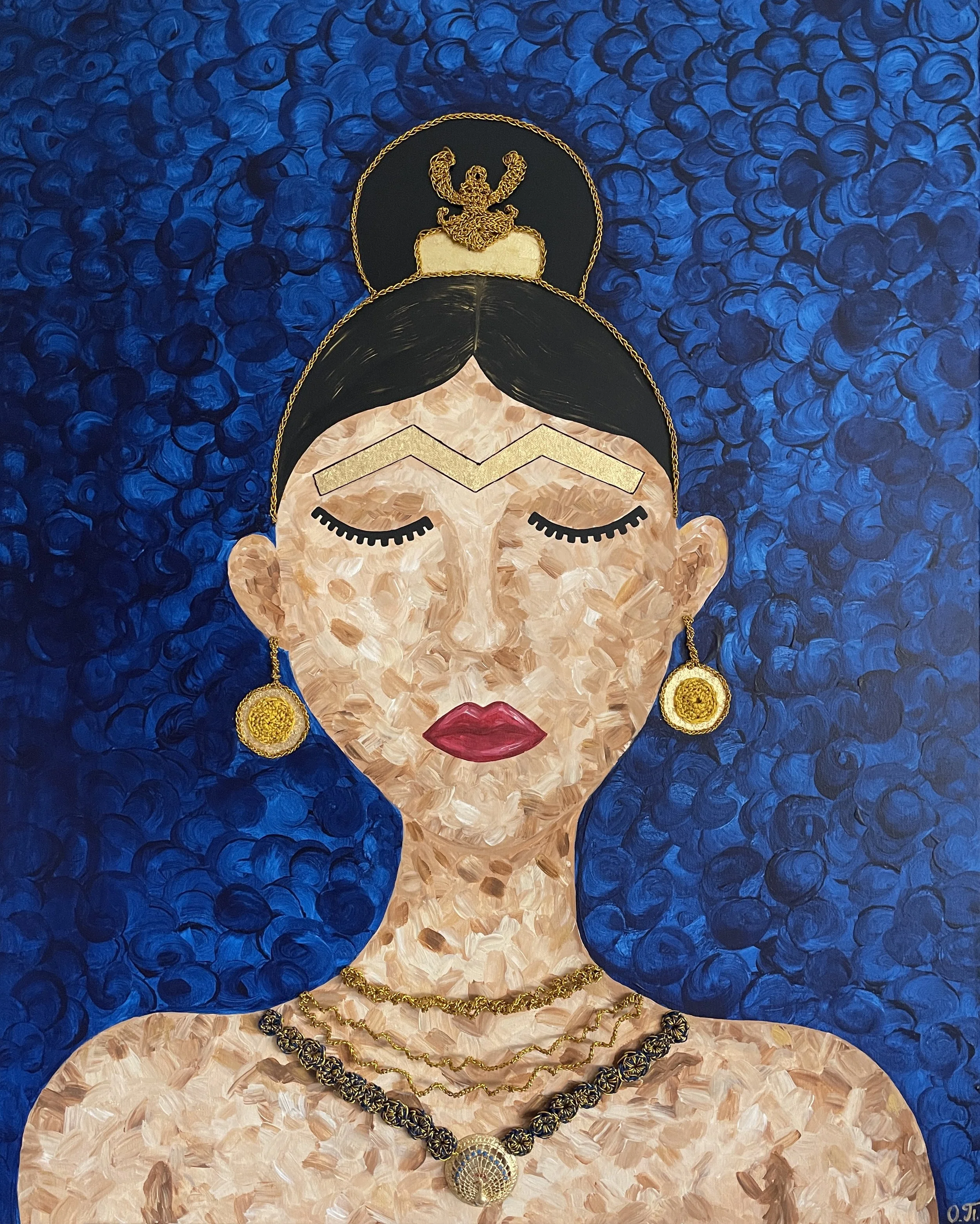  Scythian Frida (2025)   
100x80 cm, Acrylic, Crochet, and Gold Foil. For Sale.
Exhibiting at Art Expo International in Graz.