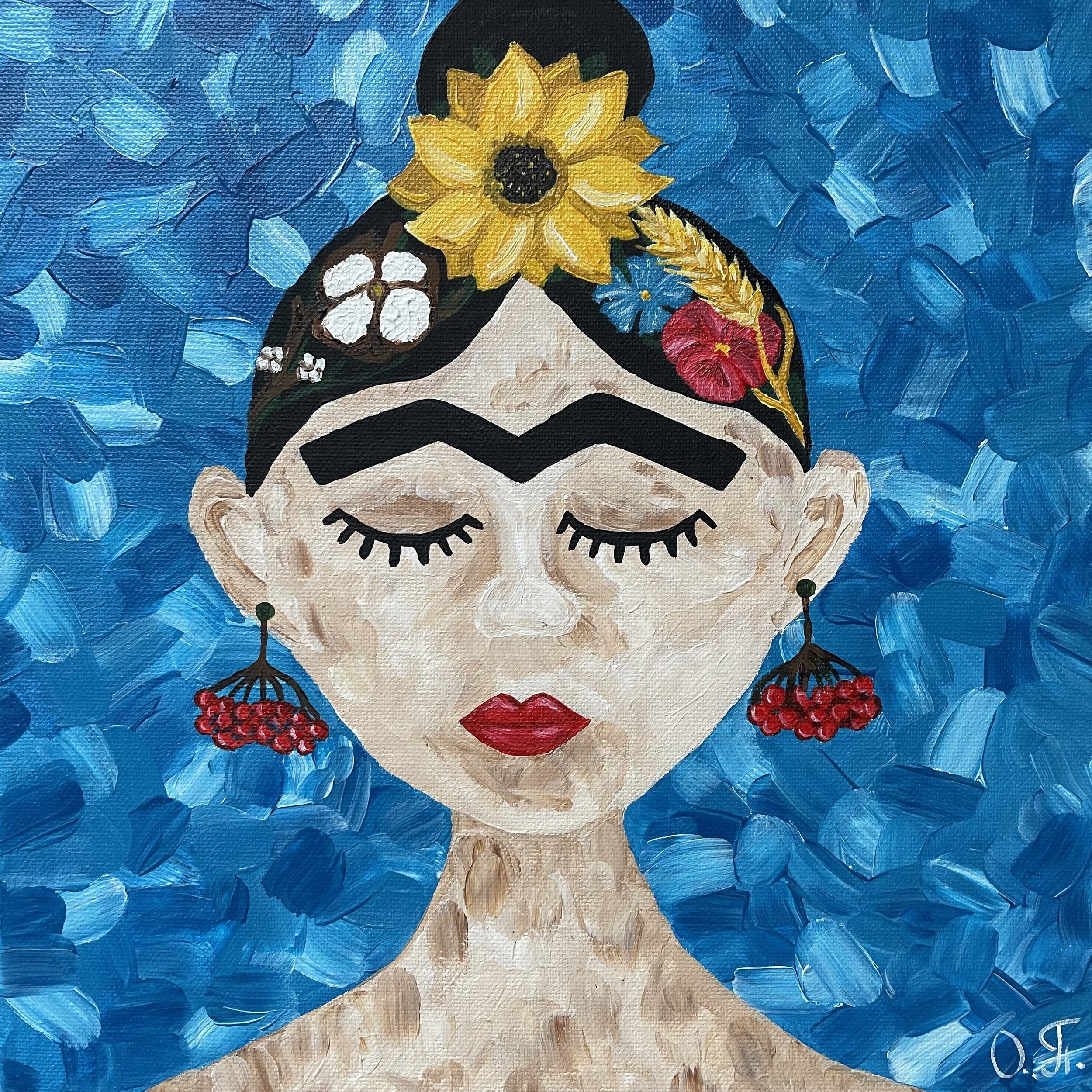  Ukrainian Frida (2022)   
 30 x 30 cm, Acrylic on Canvas.
Exhibiting at Art Expo International in Graz.