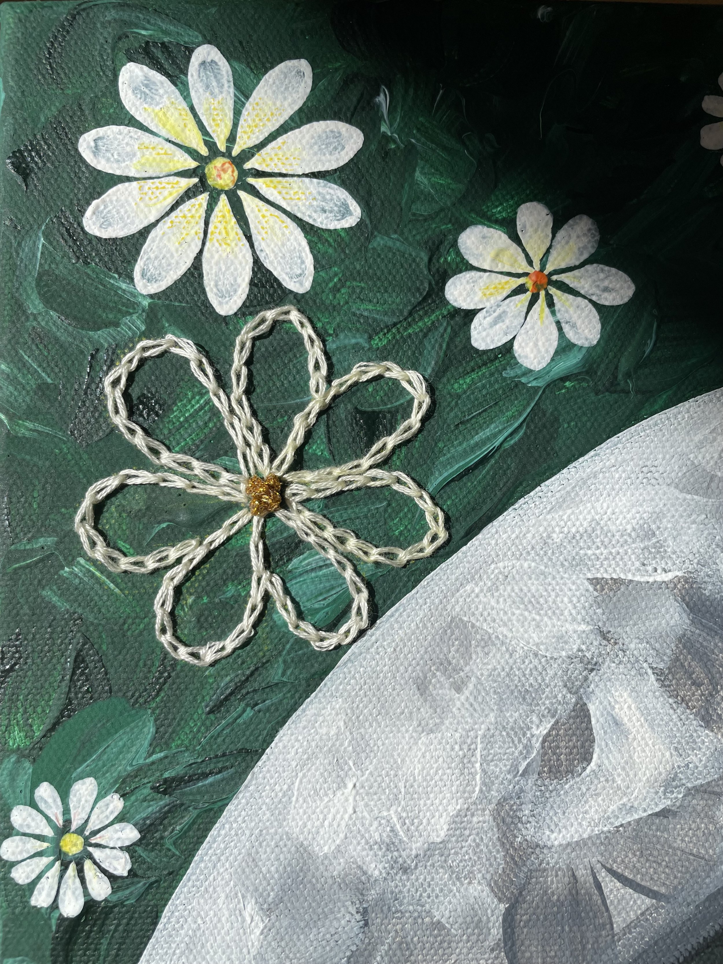 This detail shot highlights the mixed media elements of Oleksandra Roche-Newton’s "Space Frida." The artist uses hand-crafted crochet daisies to add texture and a 3D effect, bringing the "internal meadow" of the astronaut to life.