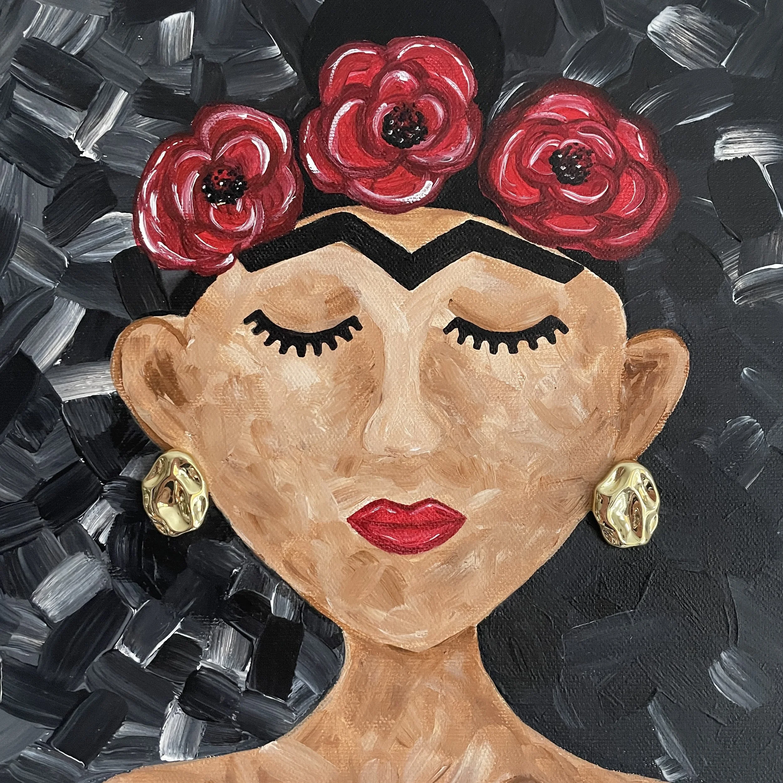   Three Poppies on Frida (2025)  
30 x 30 cm, Acrylic on Canvas with Metal Elements. For Sale.
Exhibiting at Art Expo International in Graz .