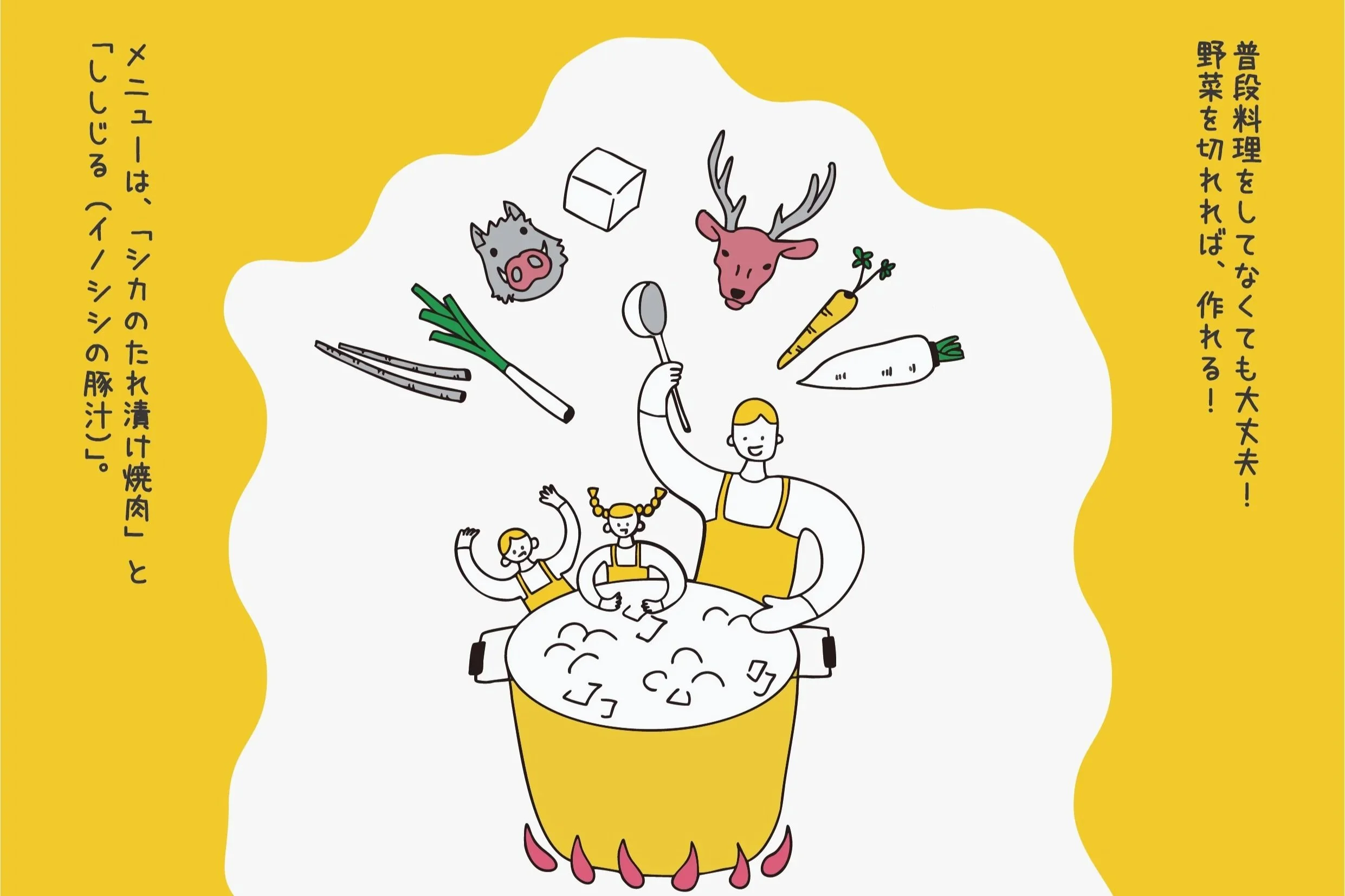 黄色い背景のイラストで、子供と大人が鍋の中で料理をしており、上には野菜や肉のキャラクターが浮かんでいる。