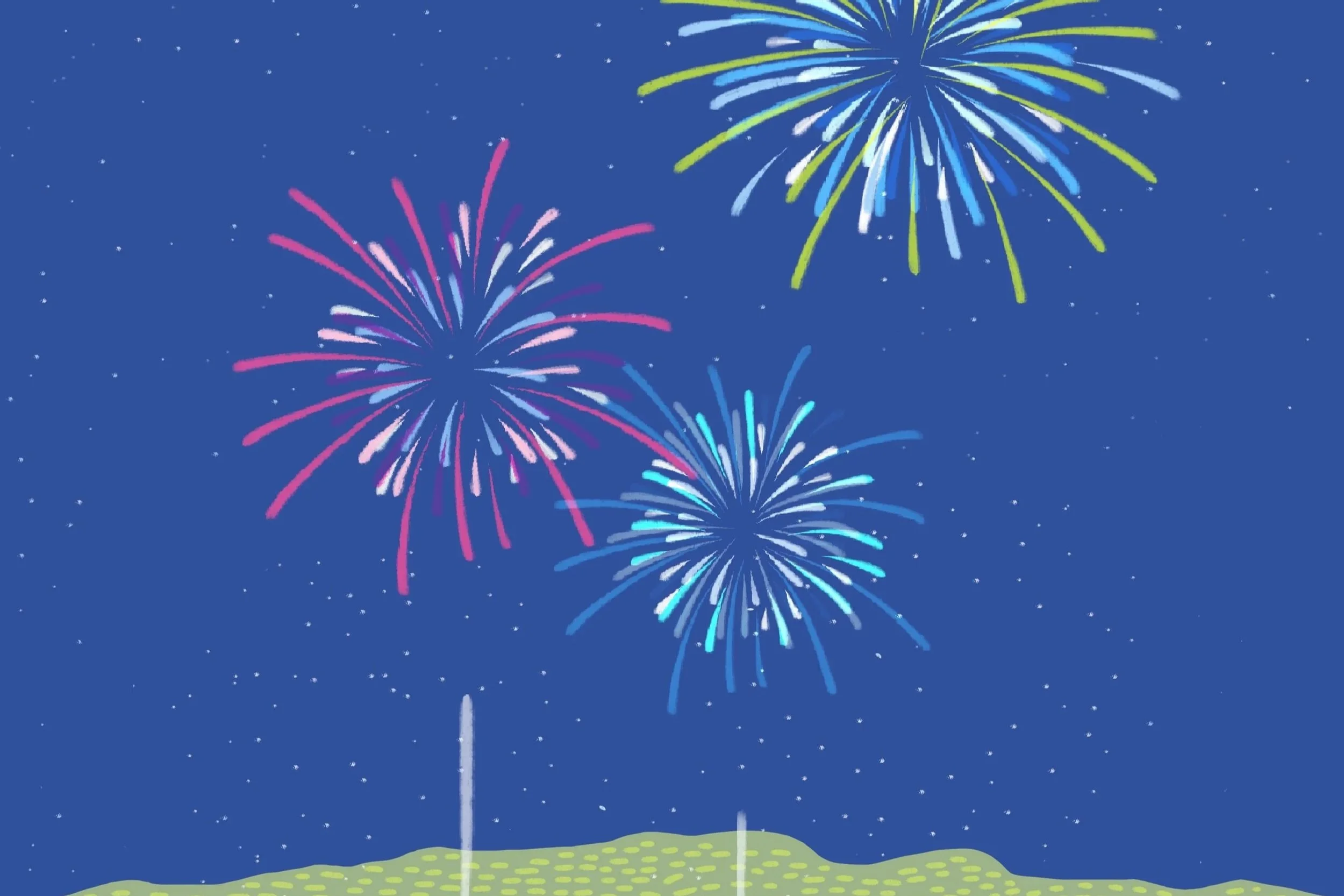夏の夜空に打ち上げられた花火のイラスト。青い背景にカラフルな花火が広がっている。