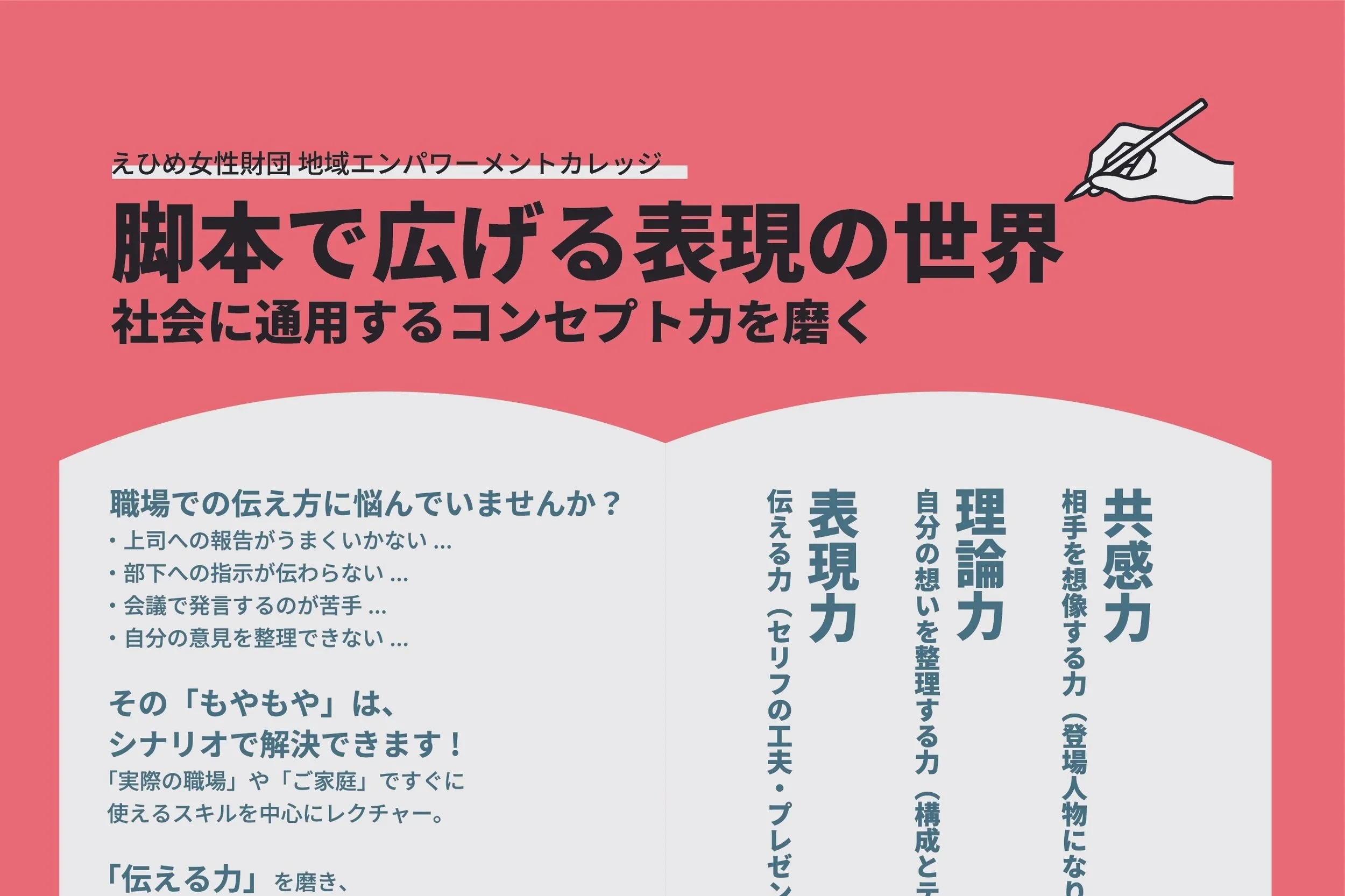 ピンクの背景に黒字の大きな文字で、『脚本で広げる表現の世界』と書かれており、その下に小さなタイトルといくつかの説明文があります。右上には手書き風のペンで書かれた線画の手とペンのイラストがあります。左側には職場でのコミュニケーションに関する問いかけや解決策についての内容が記載されています。