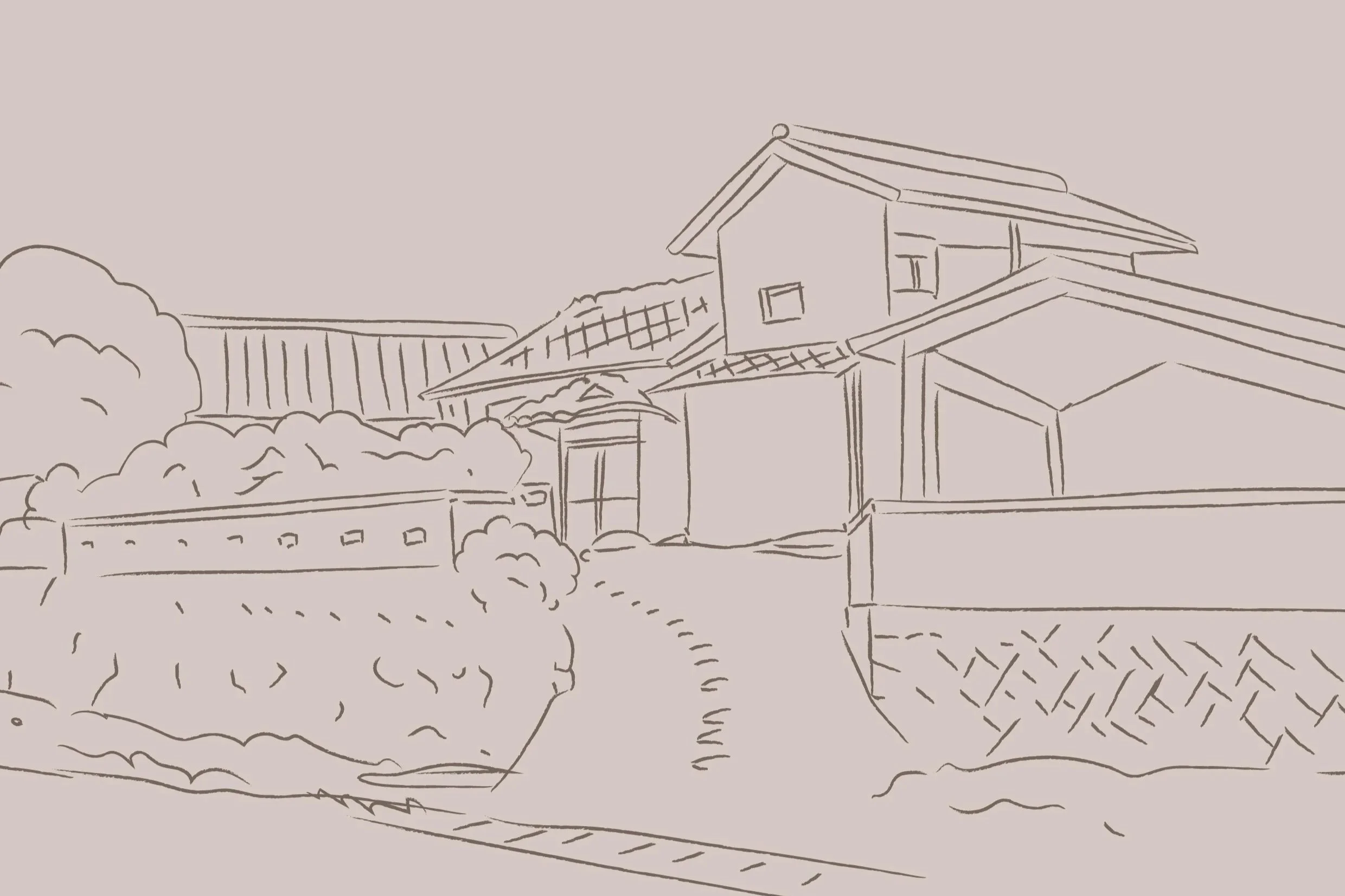 シンプルな線画の住宅と庭の風景