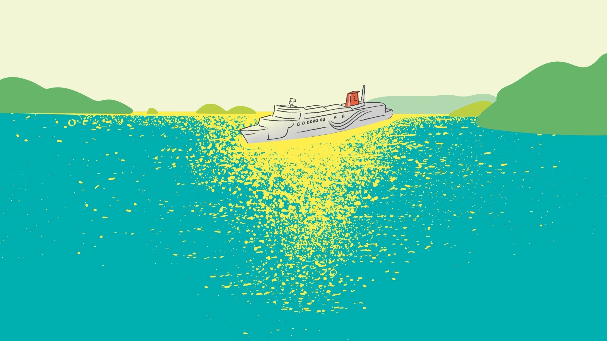 ヨットが海上を航行している風景、背景に緑の山々と空が見える