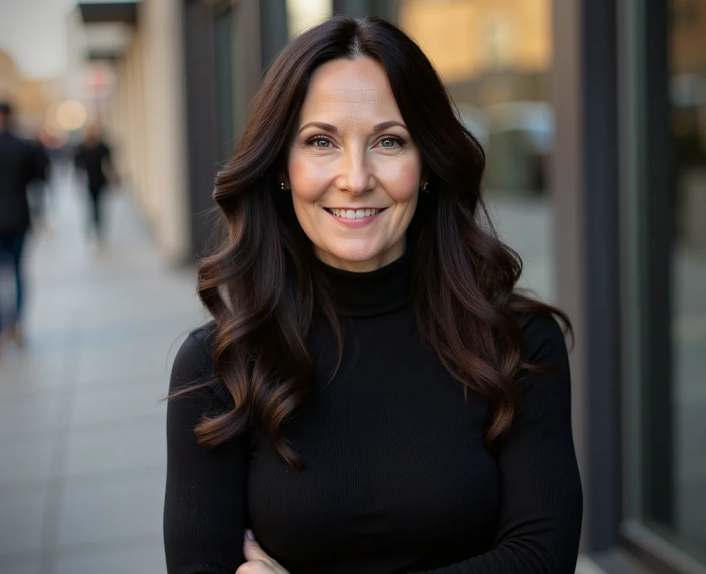 A smiling woman with long brown hair wearing a black turtleneck, standing outdoors in an urban setting.