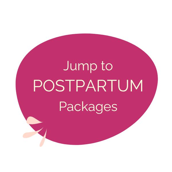 Pink speech bubble with the text "Jump to POSTPARTUM Packages" and a small decorative element resembling a leaf or petal.