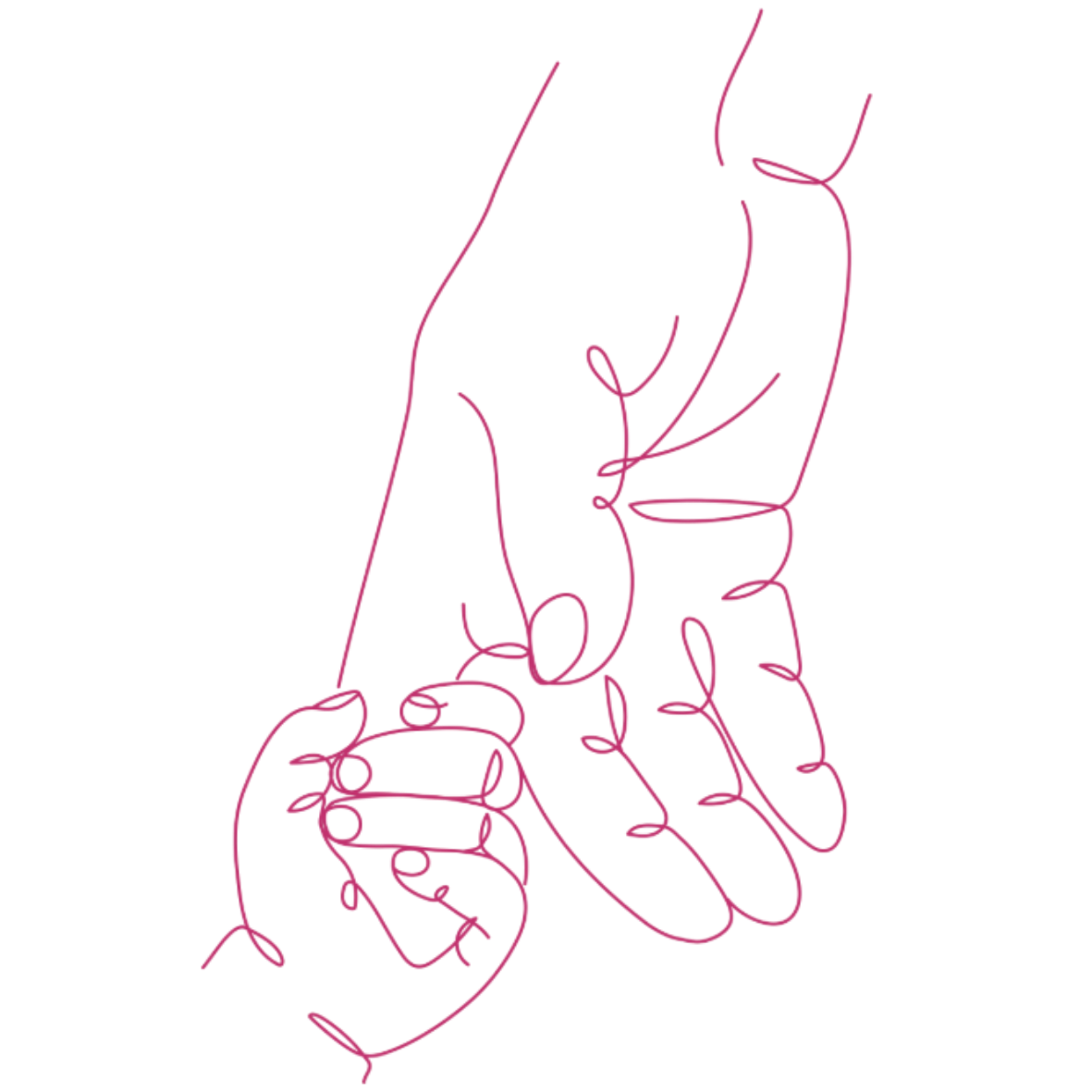 Line drawing of two hands holding each other in pink outline on black background.