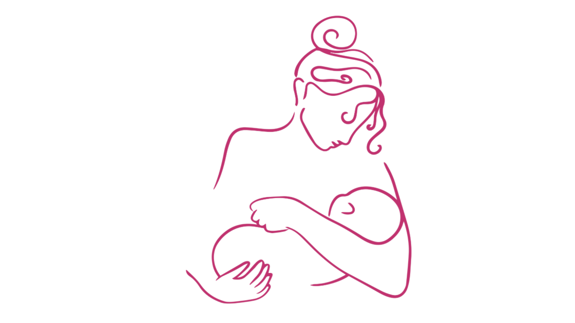 Line art of a woman breastfeeding a baby, created with pink neon lines on a black background.