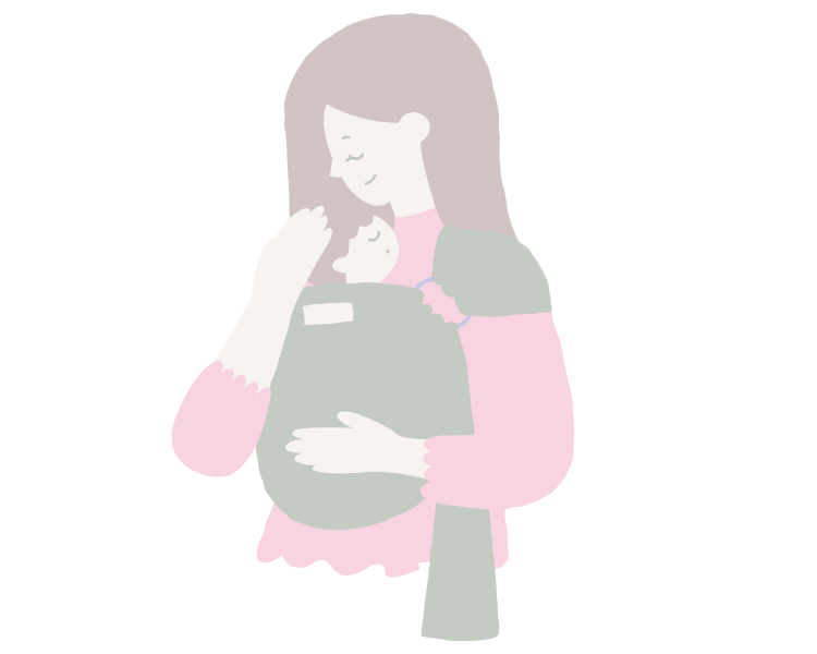 An illustration of a woman holding a baby close to her chest with her hand on the baby's head, showing affection and care.
