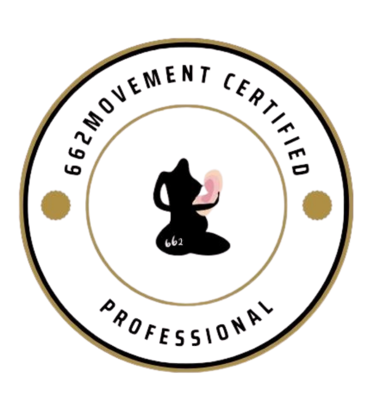 A circular emblem with a black woman silhouette in the center. Surrounding it, the text reads 662 APPROVED PROFESSIONAL