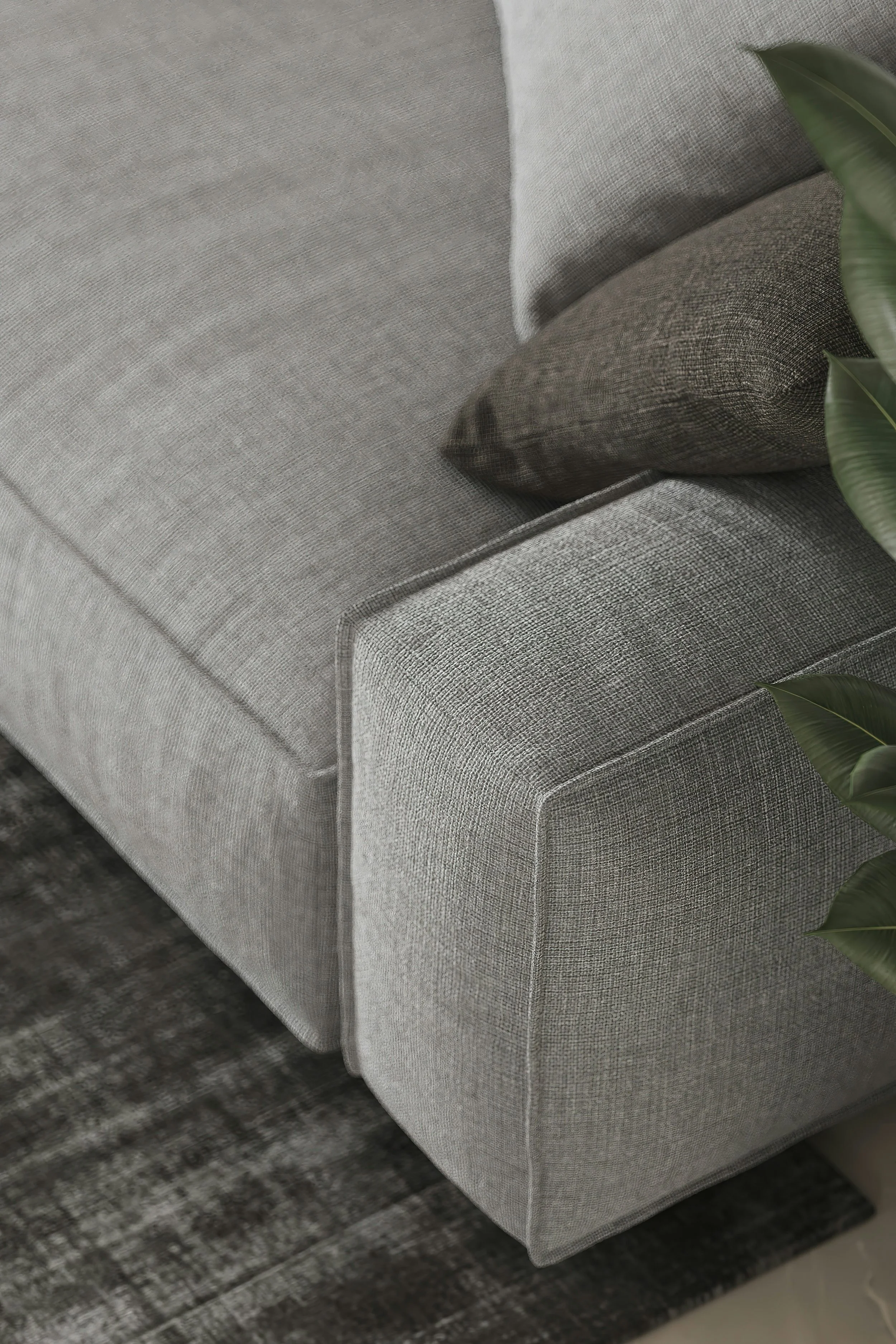 Close-up of a light grey upholstered sofa with a darker pillow and green houseplant leaves nearby, a textured rug underneath.
