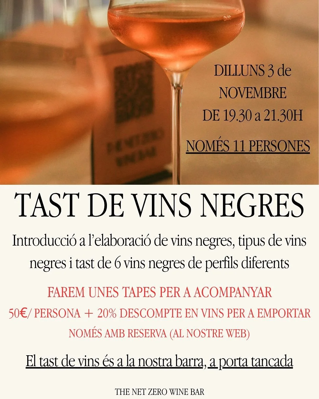 nom&eacute;s 11 persones - a la nostra barra - local tancat al p&uacute;blic - dues hores - sis vins - i unes tapes - nom&eacute;s amb reserva
.
s&oacute;lo 11 personas - en nuestra barra - con el local cerrado al p&uacute;blico - dos horas - seis vi